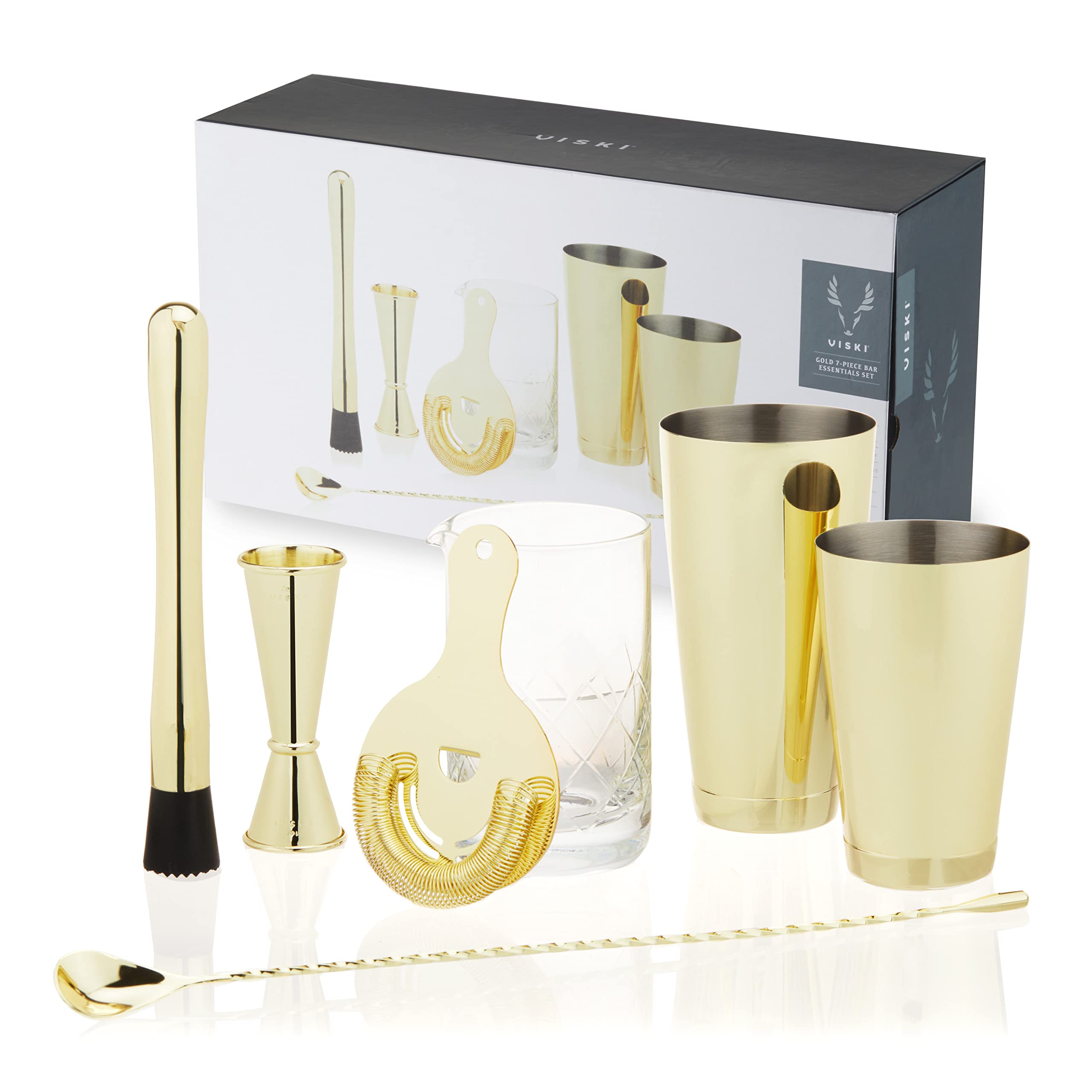 Viski Juego de coctelera Dorada, Juego de Barra Dorada para cócteles, coctelera, Vaso Mezclador, Cuchara y Accesorios de Camarero, Juego de 7 de Acero Inoxidable