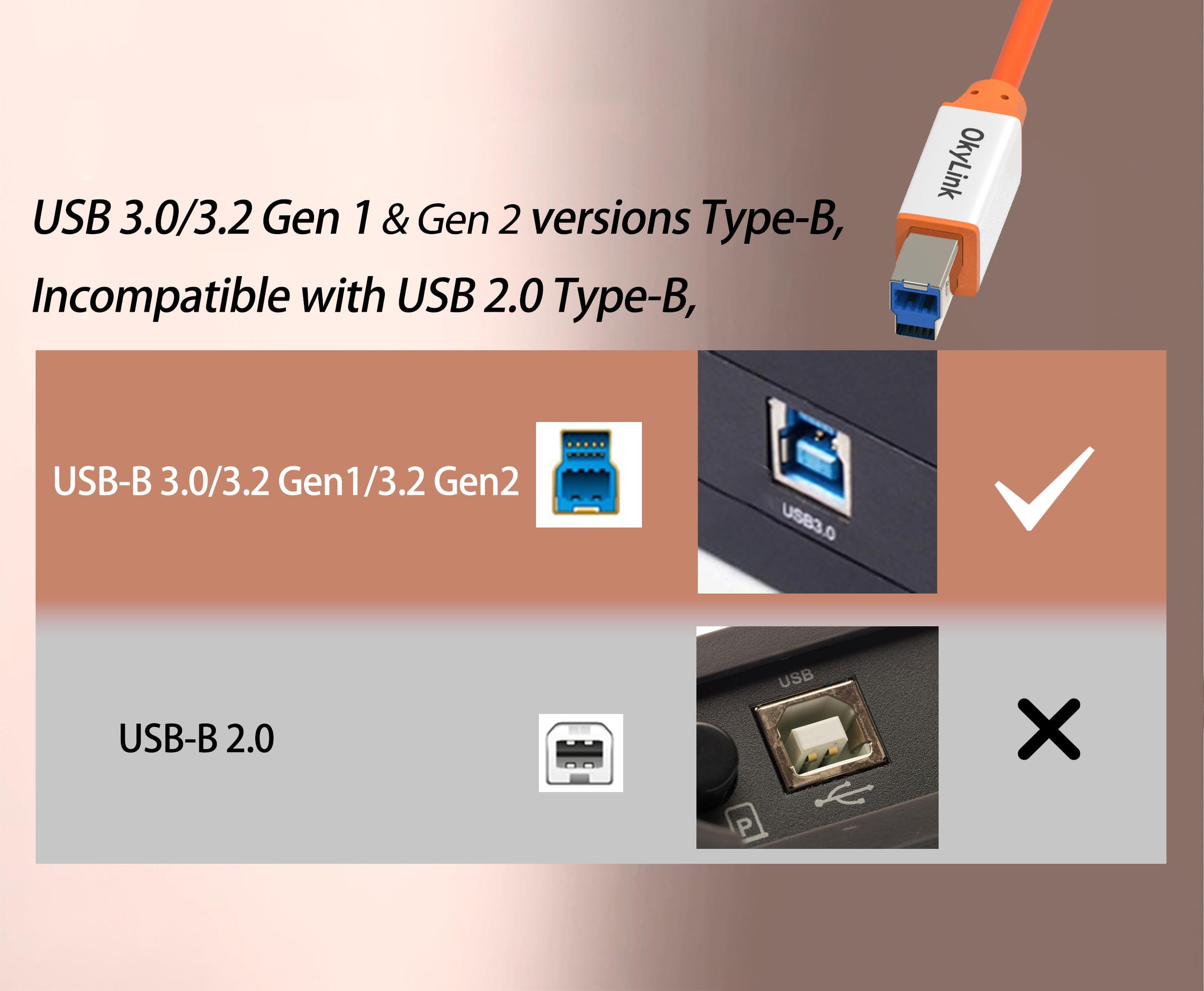 OkyLink Aktives USB 3.2 Gen 2 A-auf-B-Kabel, 10Gbps, mit Verstärker & Zusatzstrom, 5m (15ft), f. Drucker, ext. Festplatten, Scanner, 3D-Drucker