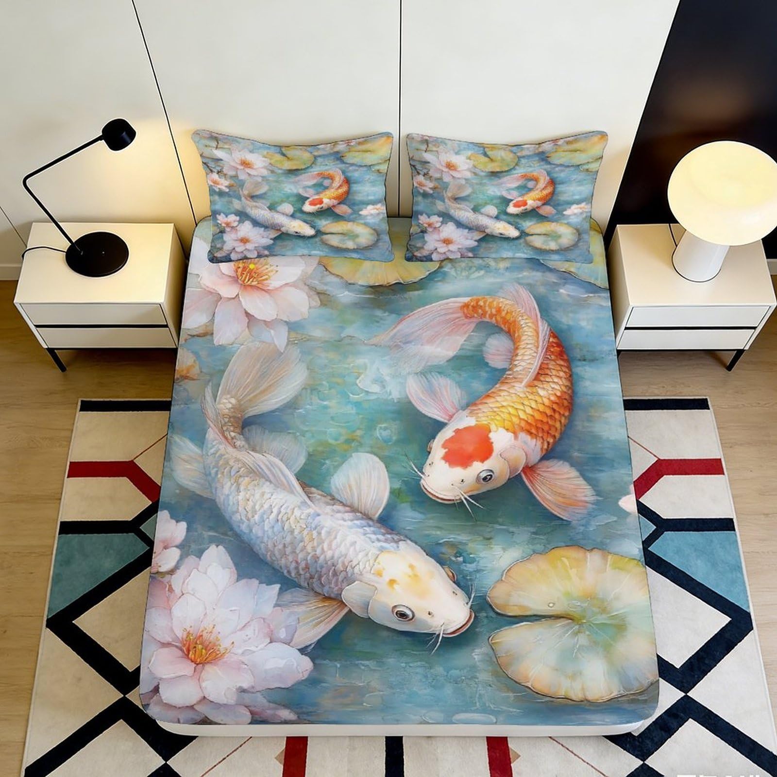 Pnayamiorkfel Style-8 3D Printed Koi Fish Pond Fitted Sheet Microfiber Soft Anti-Slip Lotus Water Lily Bed Cover For Bedroom Guest Room Decor 90X200x25cm