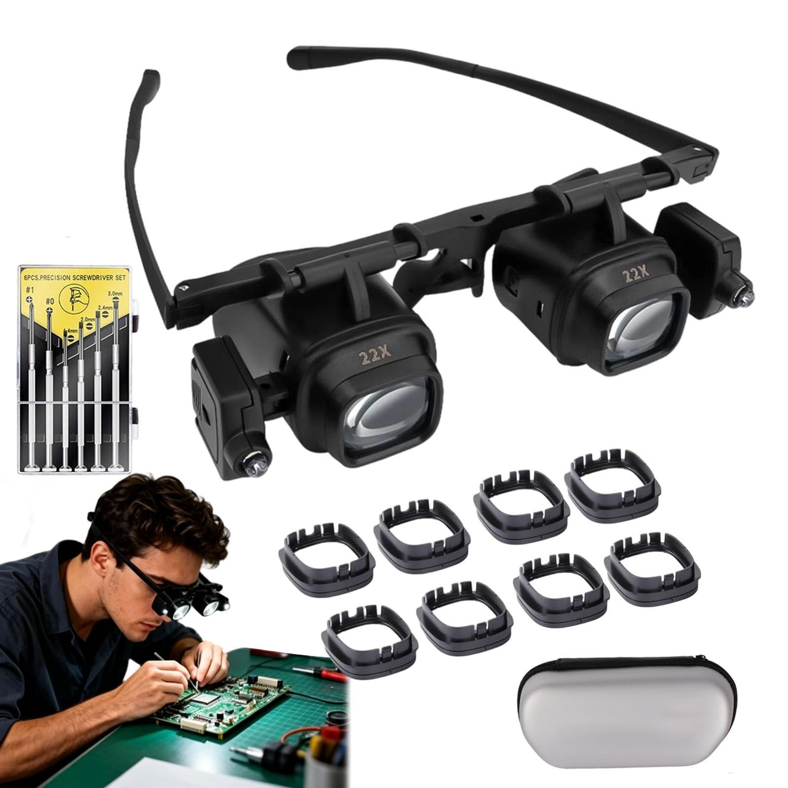 Precision Led Magnifier For Electronics & Crafts, Magnifying Glasses, Wearable, Interchangeable Lenses 2x 4x 6x 8x 10x 12x 24x, For Electronic Repair Soldering Watch Repair Crafts (Group4, Set2)