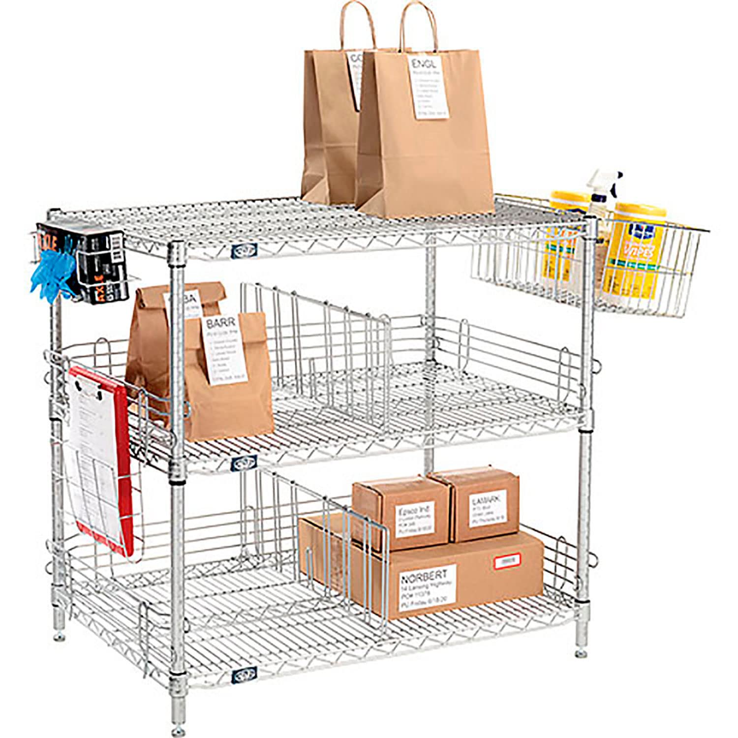 Nexel Chrome, To Go Rack, 3 Wire Shelves, Dividers & Ledges, 42