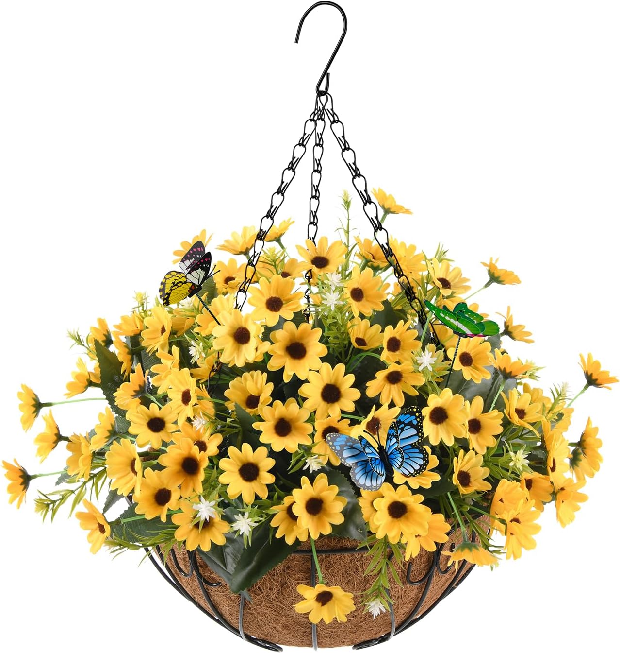 Artificial Hanging Flowers with Baskets,Fake Star Chrysanthemums in 12-Inch Coconut Lined Hanging Baskets Decorate Courtyards,Outdoors,and Indoors(Yellow)