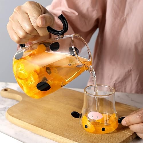 Miniatura 4 de JASREE Jarra de agua de vidrio de vaca con taza de cristal jarra de jugo de fruta fría de 186fl oz jarra de vidrio con tapa hervidor frío de vaca de