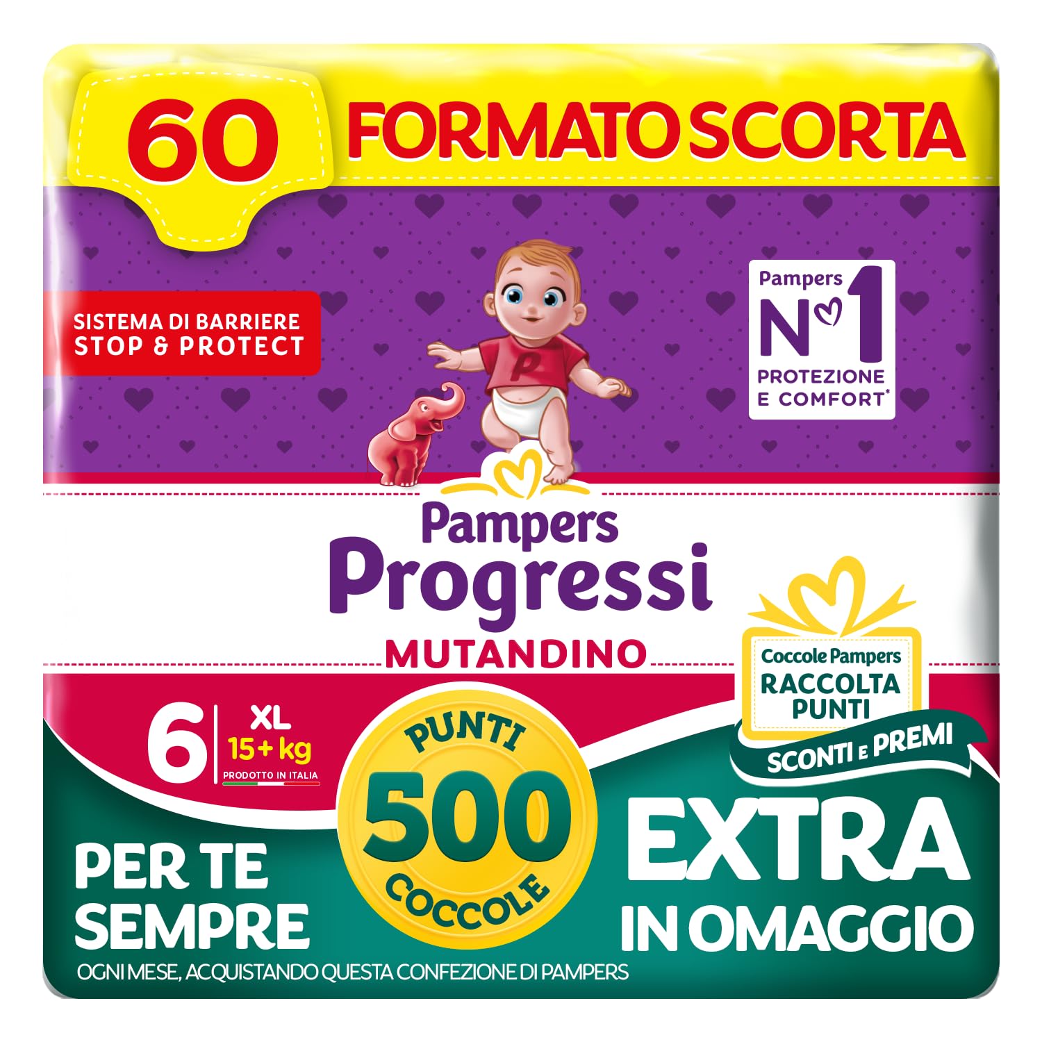 Pampers Progressi Mutandino XL, Taglia 6 (15+ kg), 60 Pannolini Bambino | Formato Scorta, Barriera Stop&Protect, Pelli Delicate, Rimozione Facile, Senza Linguette, Cambio Veloce, 500 Punti Omaggio