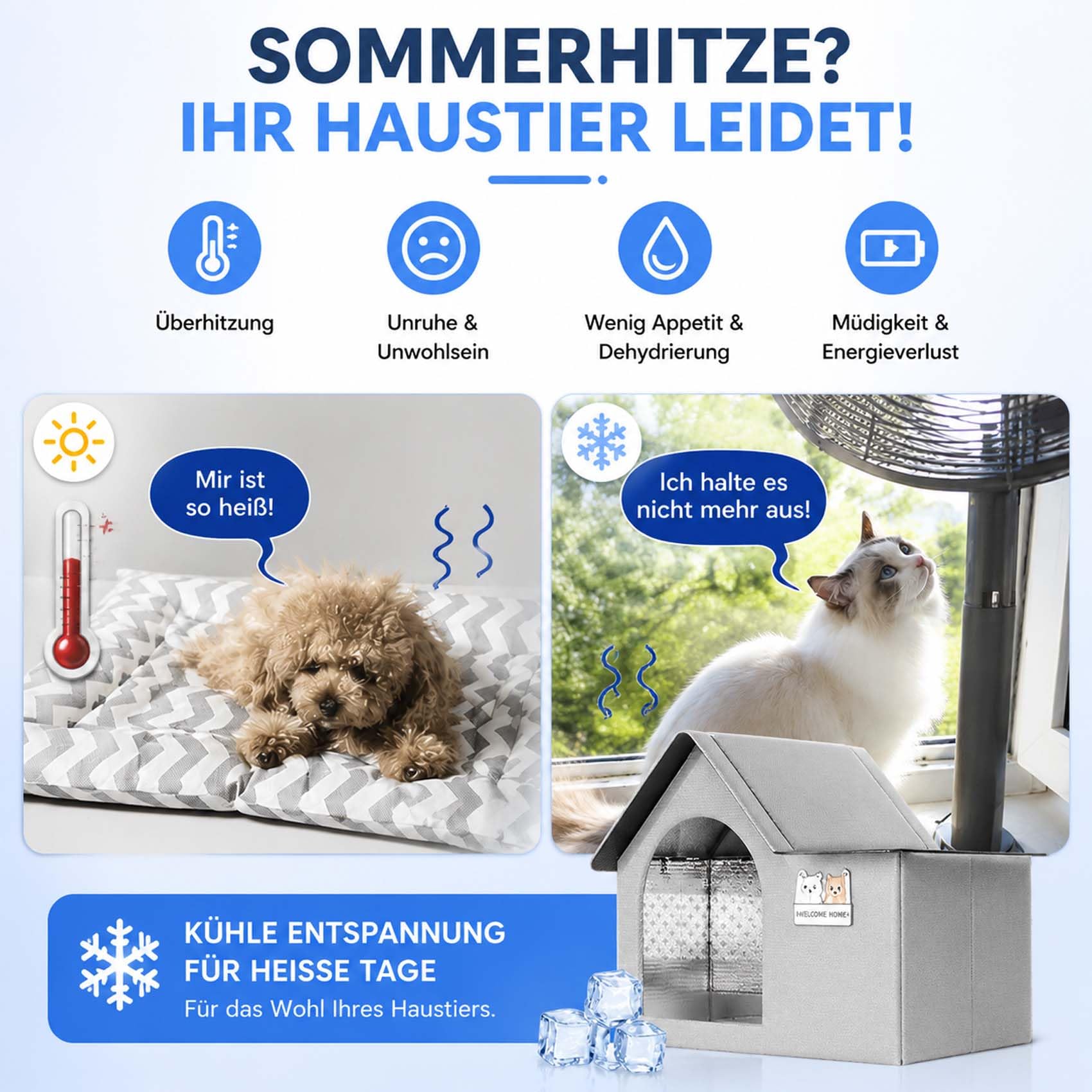 Katzen KüHlhaus, KüHlhaus füR Katzen, BelüFtetes Katzens- Und Hundehaus mit 10 KüHlakkus, Zusammenklappbares KüHlh aus füR Kleine Mittlere GroßE Tierrassen (B,60 * 42 * 38)