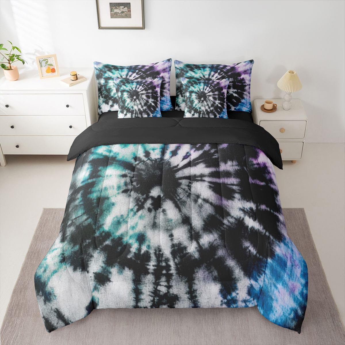 Erosebridal Tie Dye Comforter Set Ethnic Bed in A Bag Queen Size 7 Pieces Boho Spiral Swirl Bed Set Room Decor Kids Boys Girls Teens Adult Bedding with Sheets