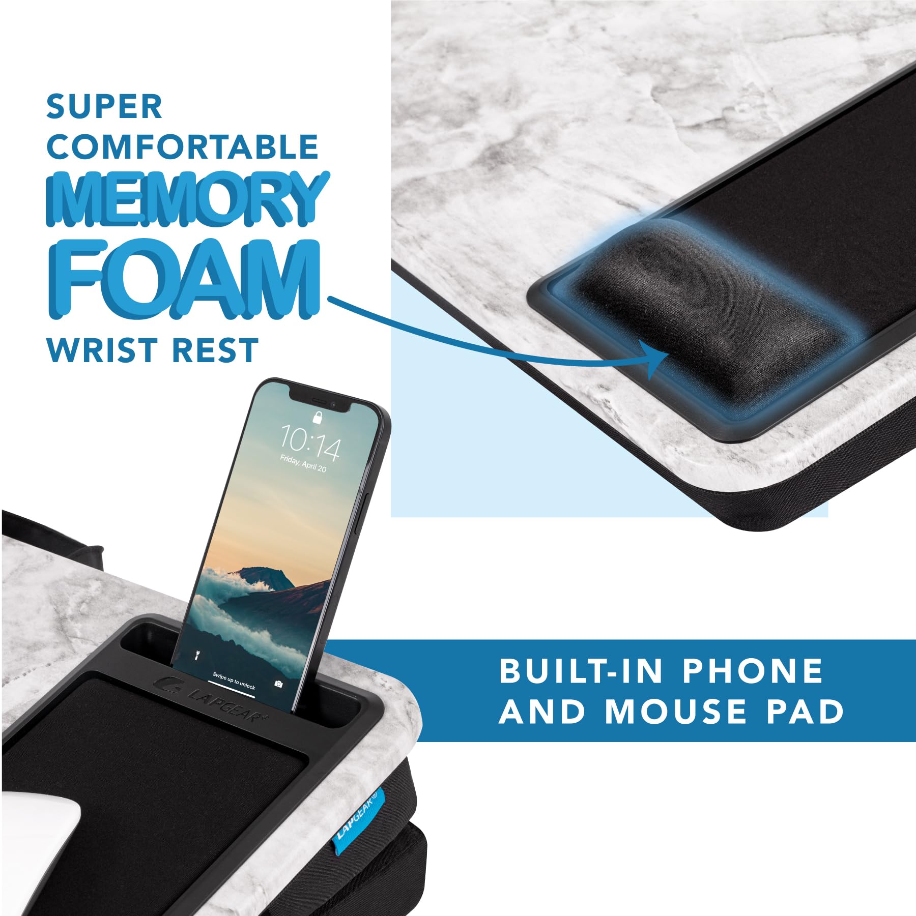 LAPGEAR Scrivania Regolabile Per Laptop 15,6'' Con Poggiapolsi Memory Foam, Tappetino Mouse, Slot Telefono, Nero
