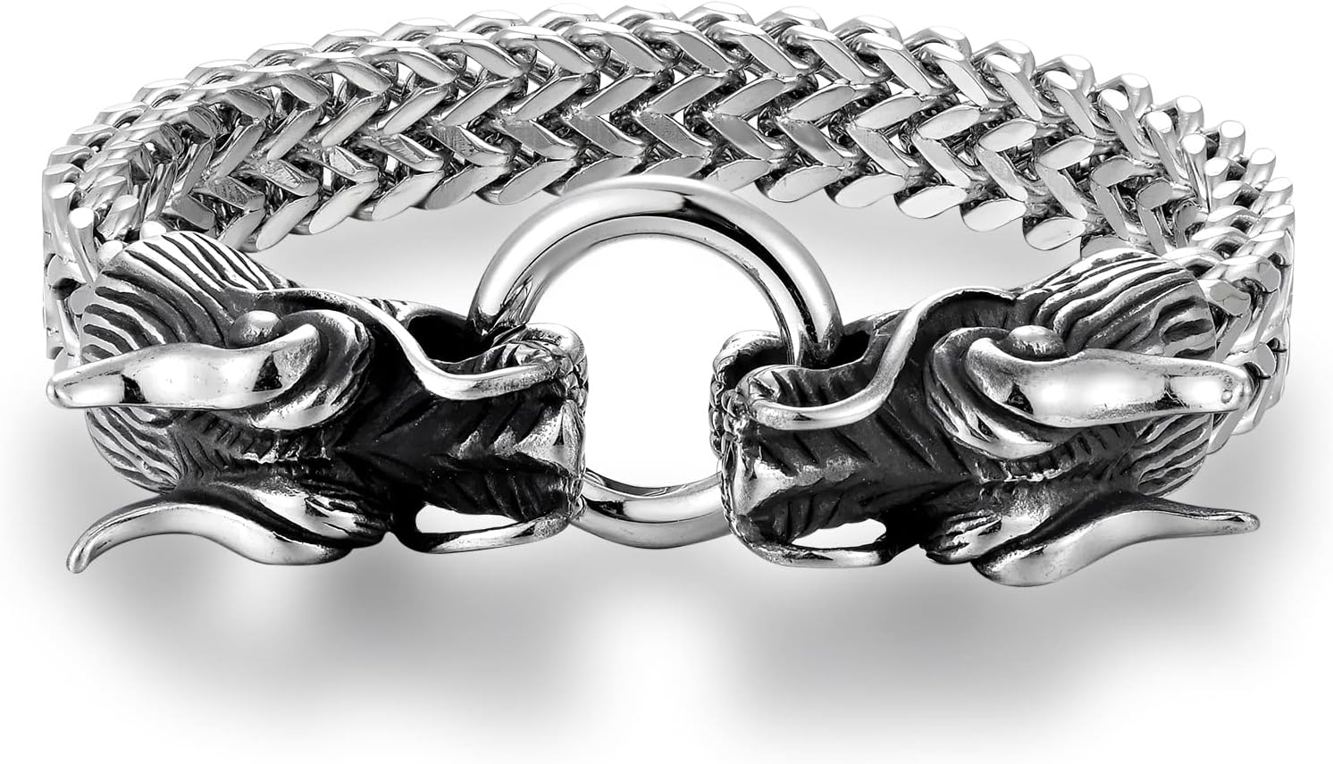 Link Chain Bracelet, Steel Square Franco Chain Curb Chain Bangle Bracelet, Vintage Dragon Head Ring Clasp, Mens Masculine