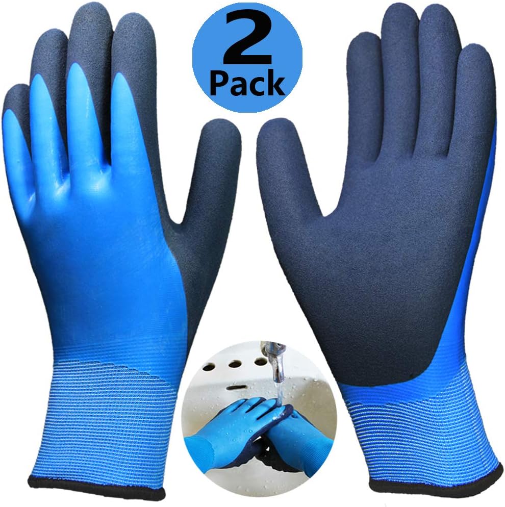Waterproof Work Gloves 2 Pairs/Pack, Non-Slip Tough Durable Safety Gloves, Ideal for Gardening Watering Fishing Kitchen Car Repairing Cleaning Multipurpose Use.