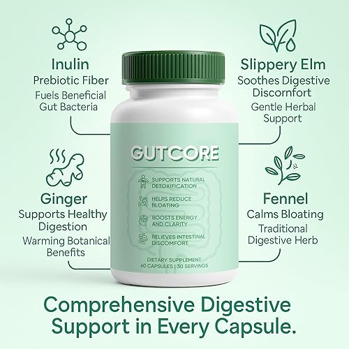 Miniatura 2 de GutCore Suplemento de apoyo digestivo - con inulina, hinojo, jengibre y corteza de olmo resbaladizo - 60 cápsulas