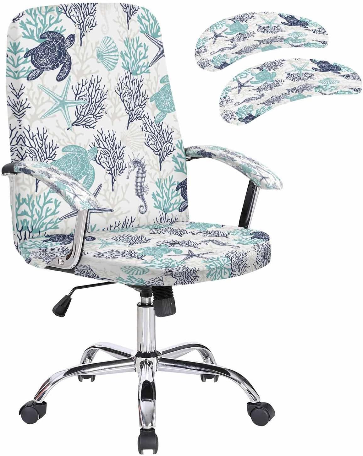 Ocean Blue Green Office Chair Cover Stretch Computer Chair Cover Spandex Desk Rotating Boss Chair Slipcover Summer Coral Sea Turtle Seahorse Starfish Chair Protector with Armrest Cover, Medium