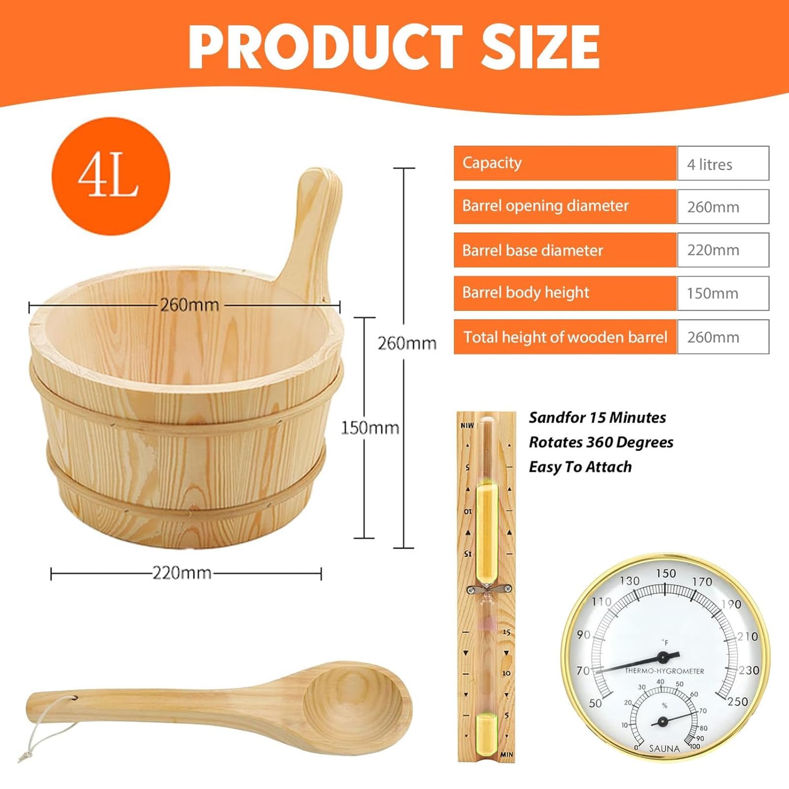 Juego de cubos para sauna (4 litros), cubo de sauna con paleta, cubo de sauna de madera con cucharón, reloj de arena, termo, higrómetro, cubo de sauna resistente al calor, 4 l, incluye inserto