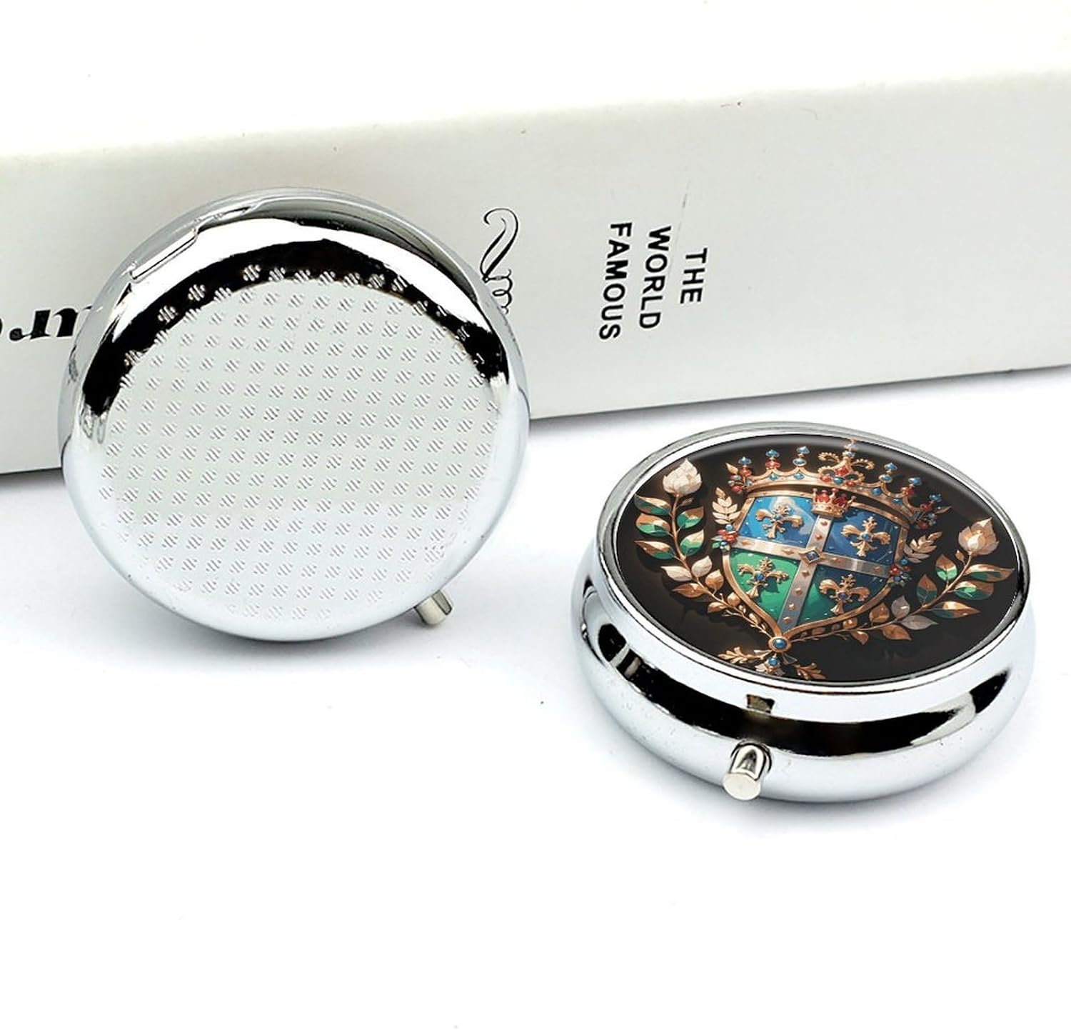 Round Silver Pill Box Small Pill Case for Purse and Pocket 3 Compartment image 5