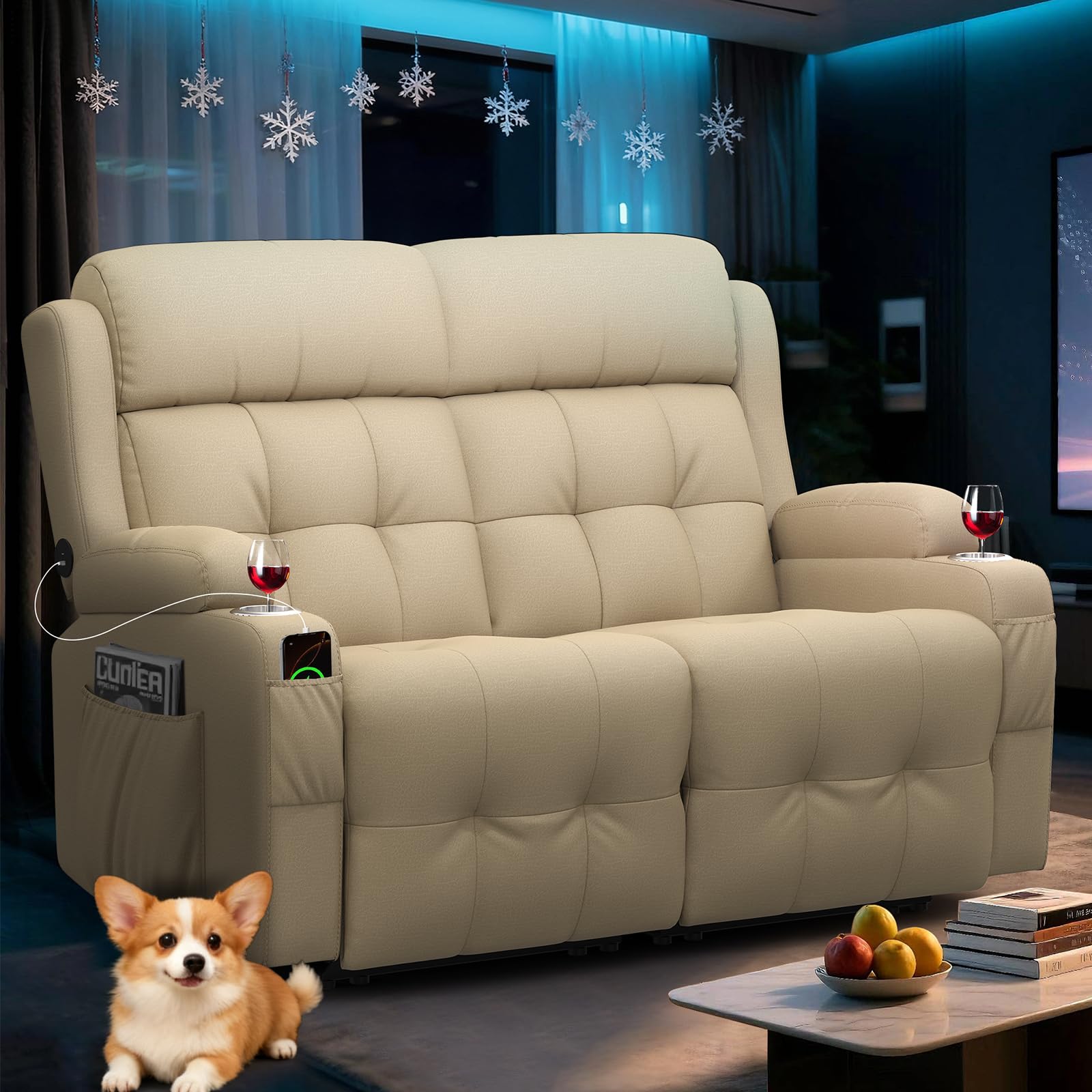 RV Loveseat Recliner Sofa, Home Theater Seating with Console &amp; Massage