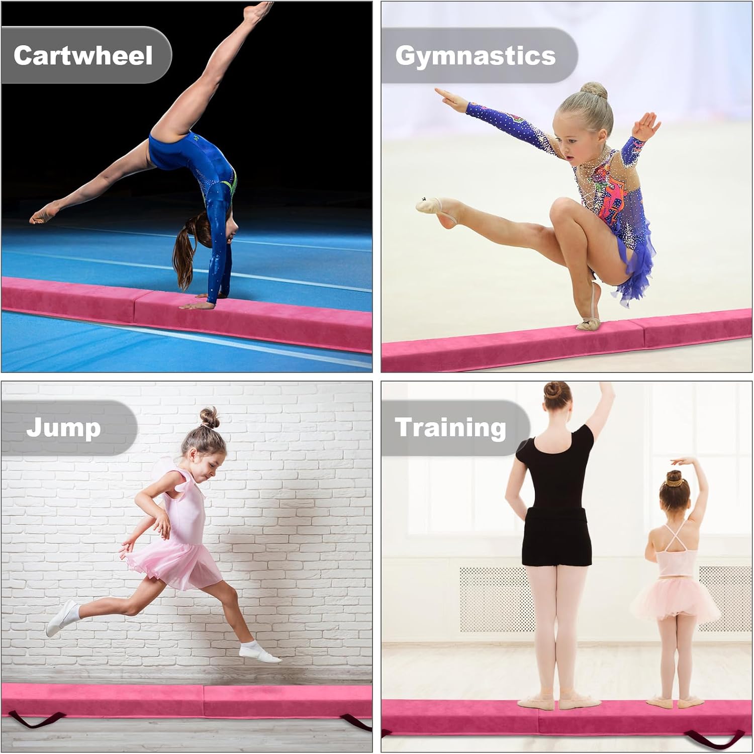 FBSPORT 8ft/9ft/9.5ft Balance Beam Folding Gymnastics Beam Foam Balance Floor Beam Equipment for Kids Adults, Suede Cover Anti Slip Base with Carry Bag for Home School Gym Training