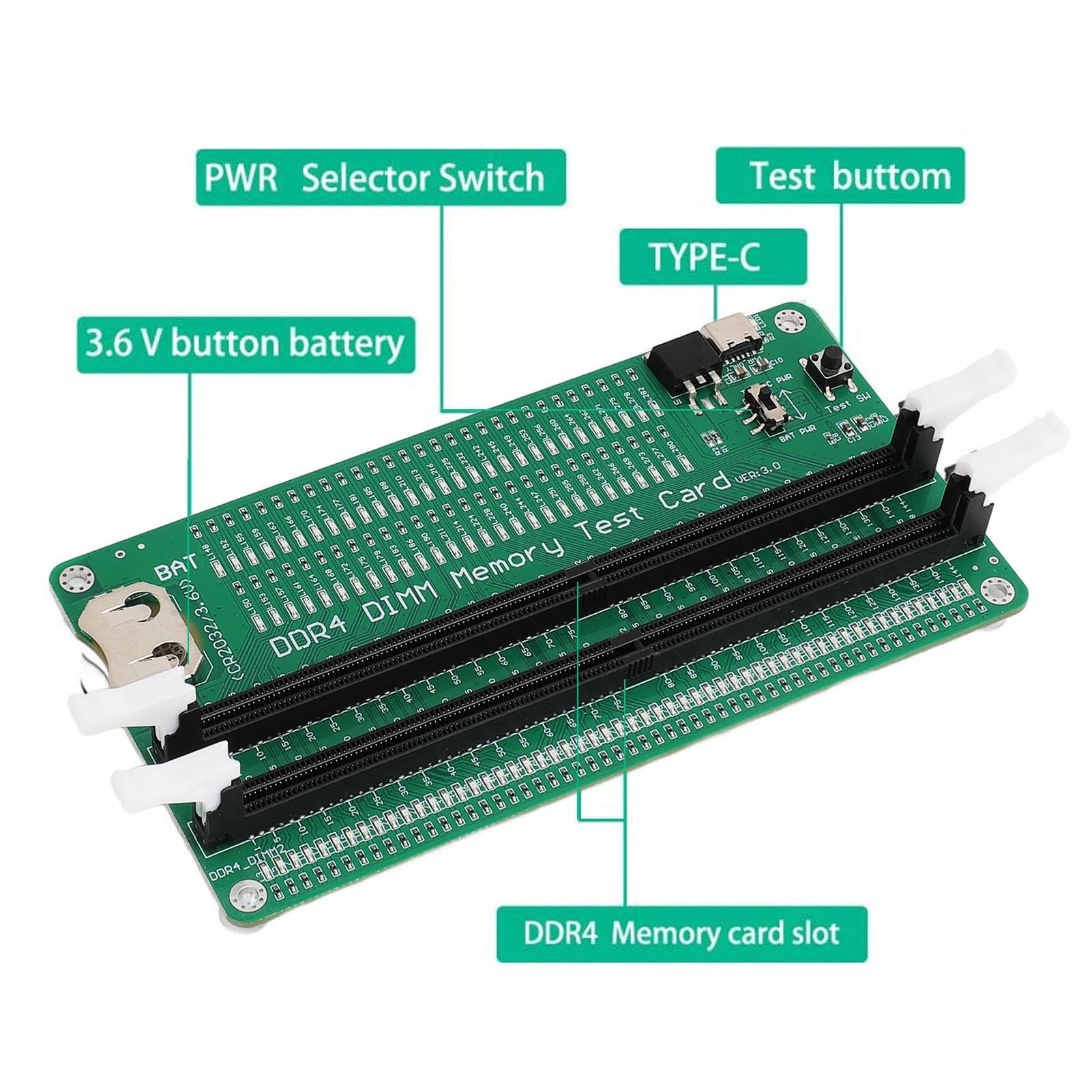 Testeur de Mémoire DDR4, Carte de Test de Mémoire DDR4 pour Ordinateur de Bureau avec Indicateurs LED, Analyseur de Diagnostic de Fente, Testeur de Mémoire RAM D'Ordinateur pour
