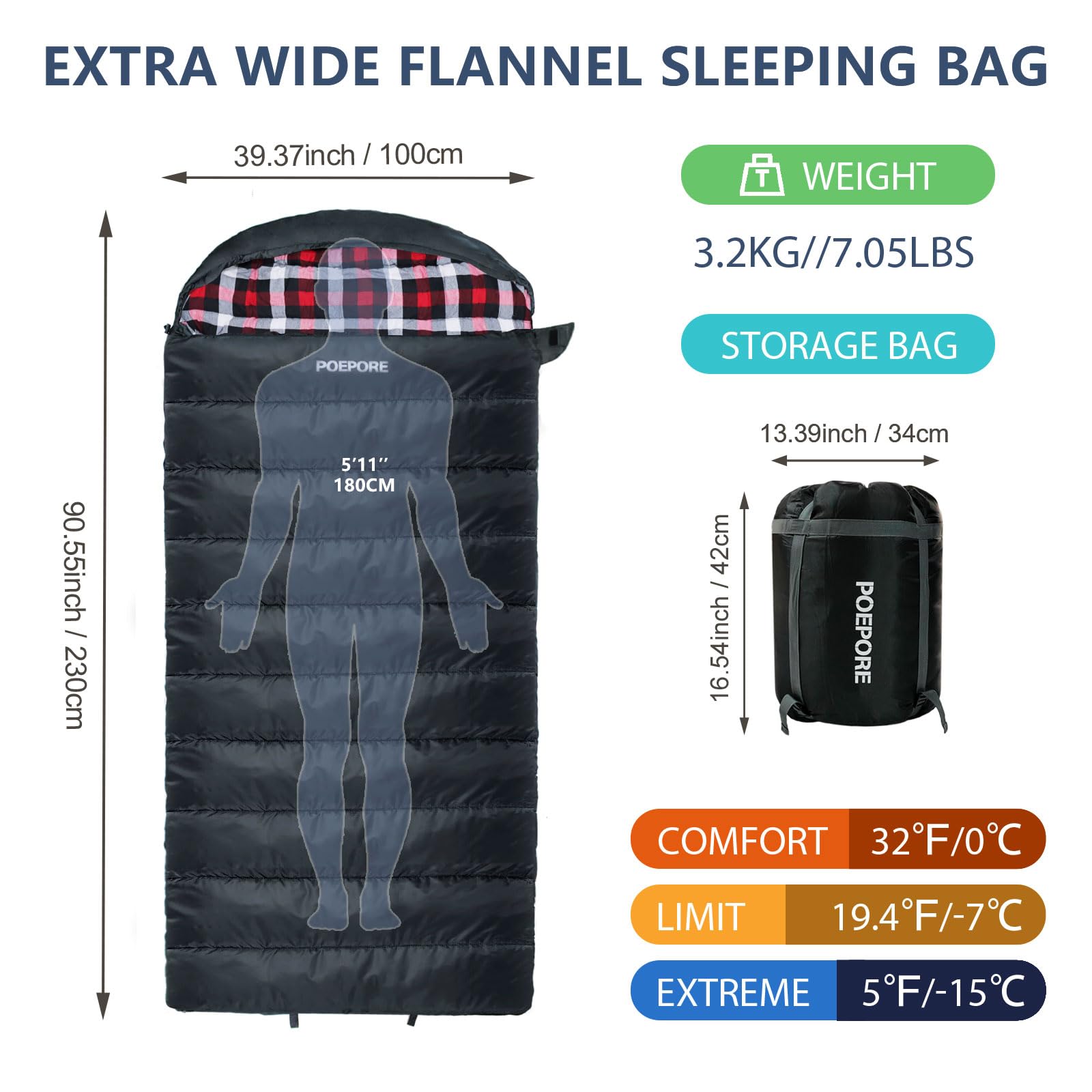 XXL Saco de Dormir de Franela para Adultos Extra Grande Saco de Dormir Al Aire Libre Invierno 3-4 Estaciones para Camping Senderismo Aventuras 230 * 100CM
