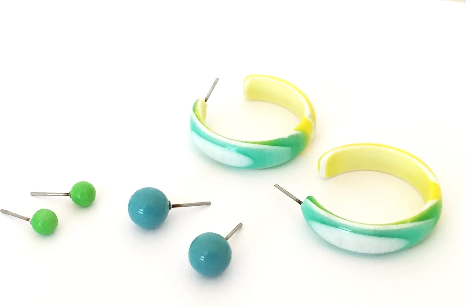 Mint Green & Yellow Marbled Hoop and Stud Earrings Set