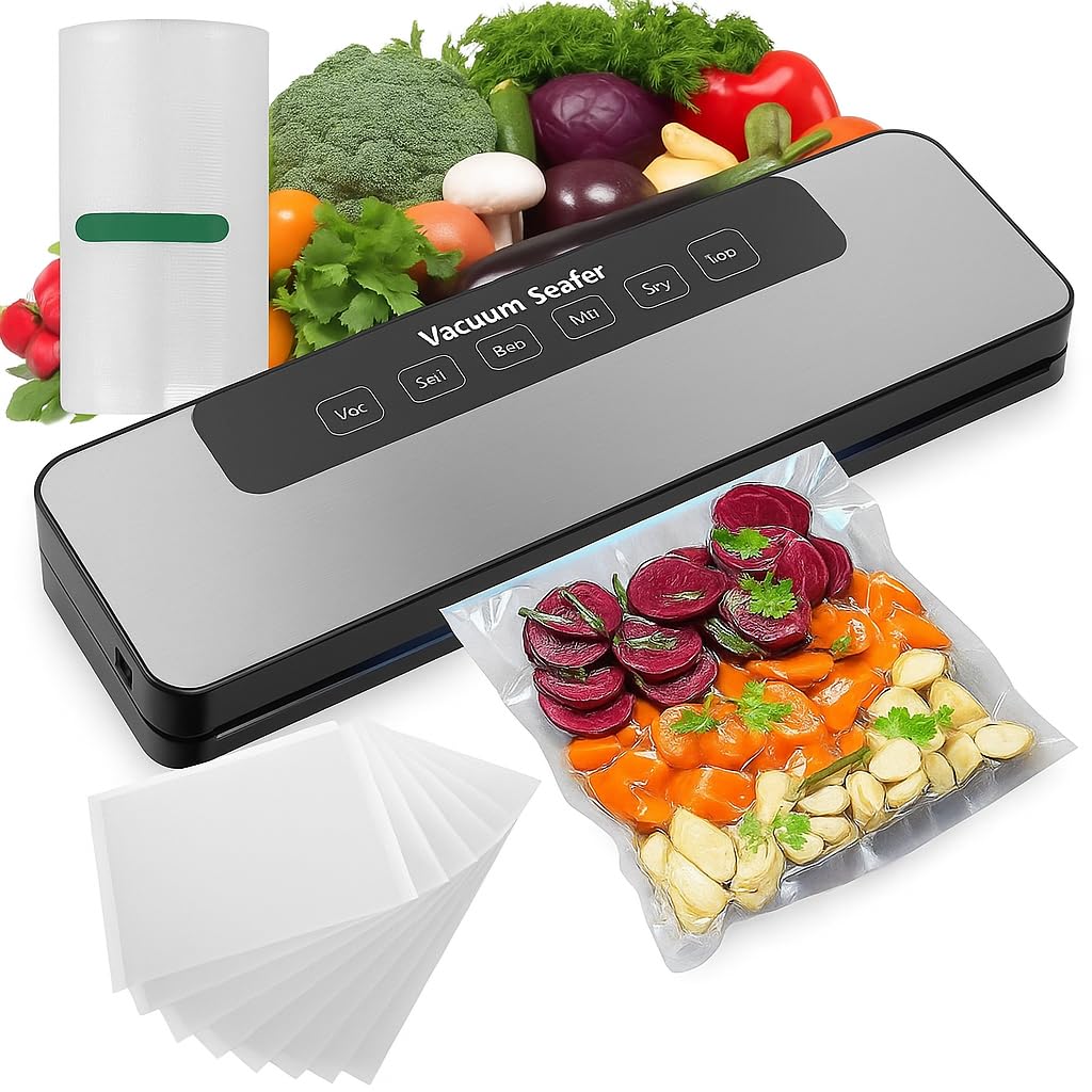 Vacuum Sealer Machine for Food Storage | Dry & Wet Sealing, 65kPa Strong Suction, External Vacuum Support for Kitchen & Sous Vide (Vacuum Sealer Machine + 10 Bags + Roll 12cm x 5Mtr)