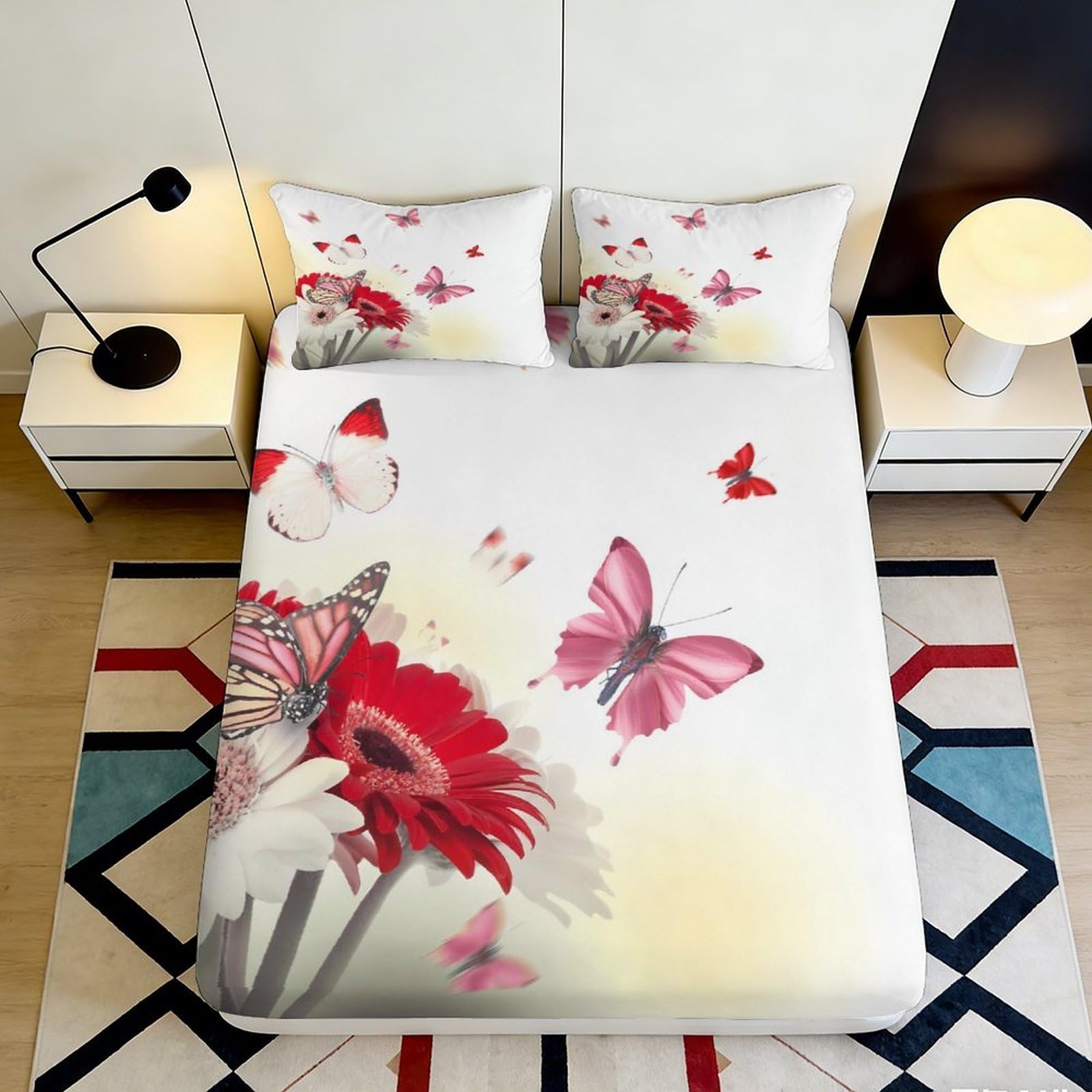 Dhbaneiok Style-1 3D Printed Red Daisy Fitted Sheet Microfiber Soft Butterfly Bed Cover For Bedroom Guest Room Mattress Protection 90X200x25cm