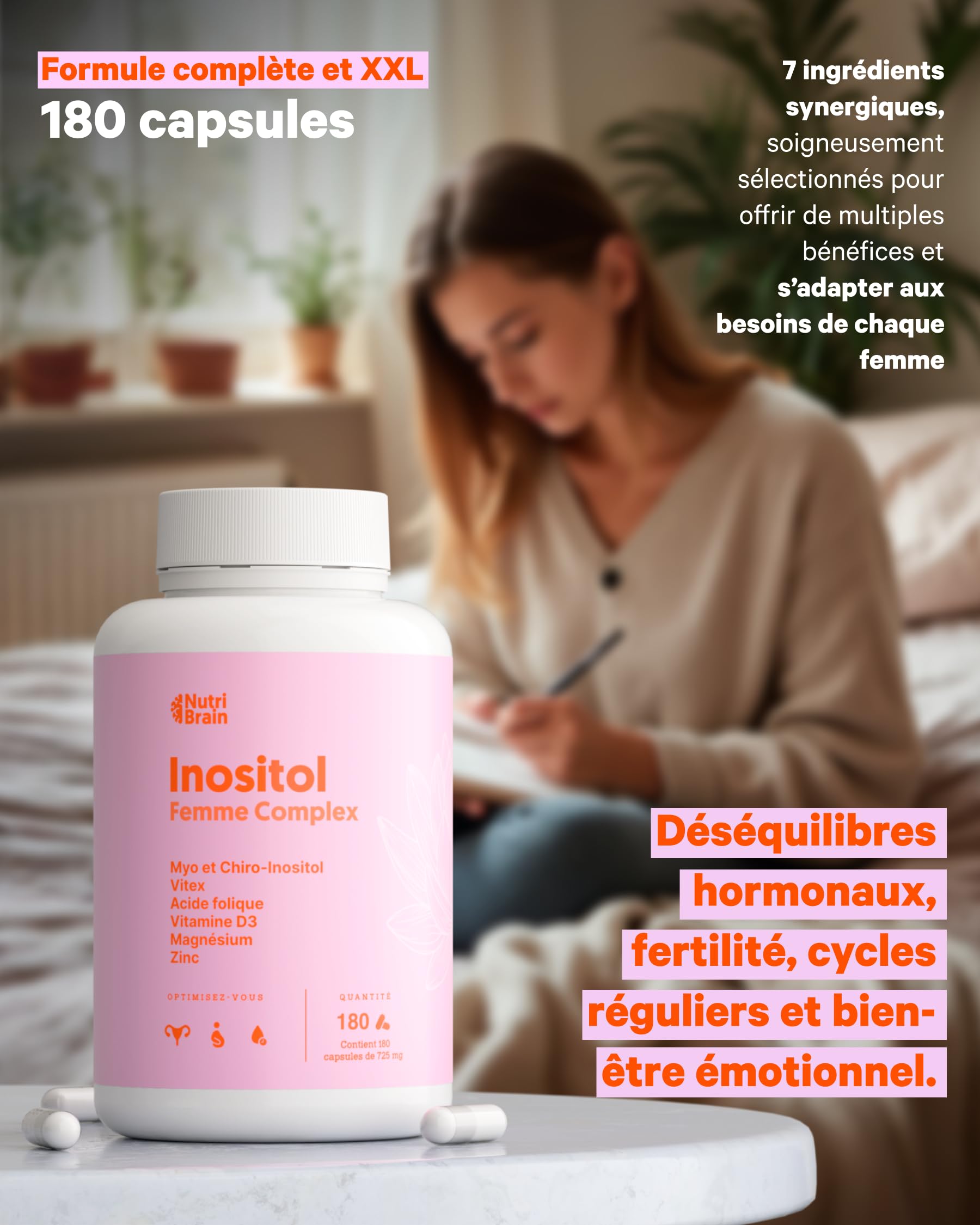 Complexe féminin Myo- et D-Chiro-Inositol avec Vitex (Gattilier), acide folique, vitamine D3, magnésium et zinc – Pour l’équilibre hormonal et le bien-être féminin – 180 gélules