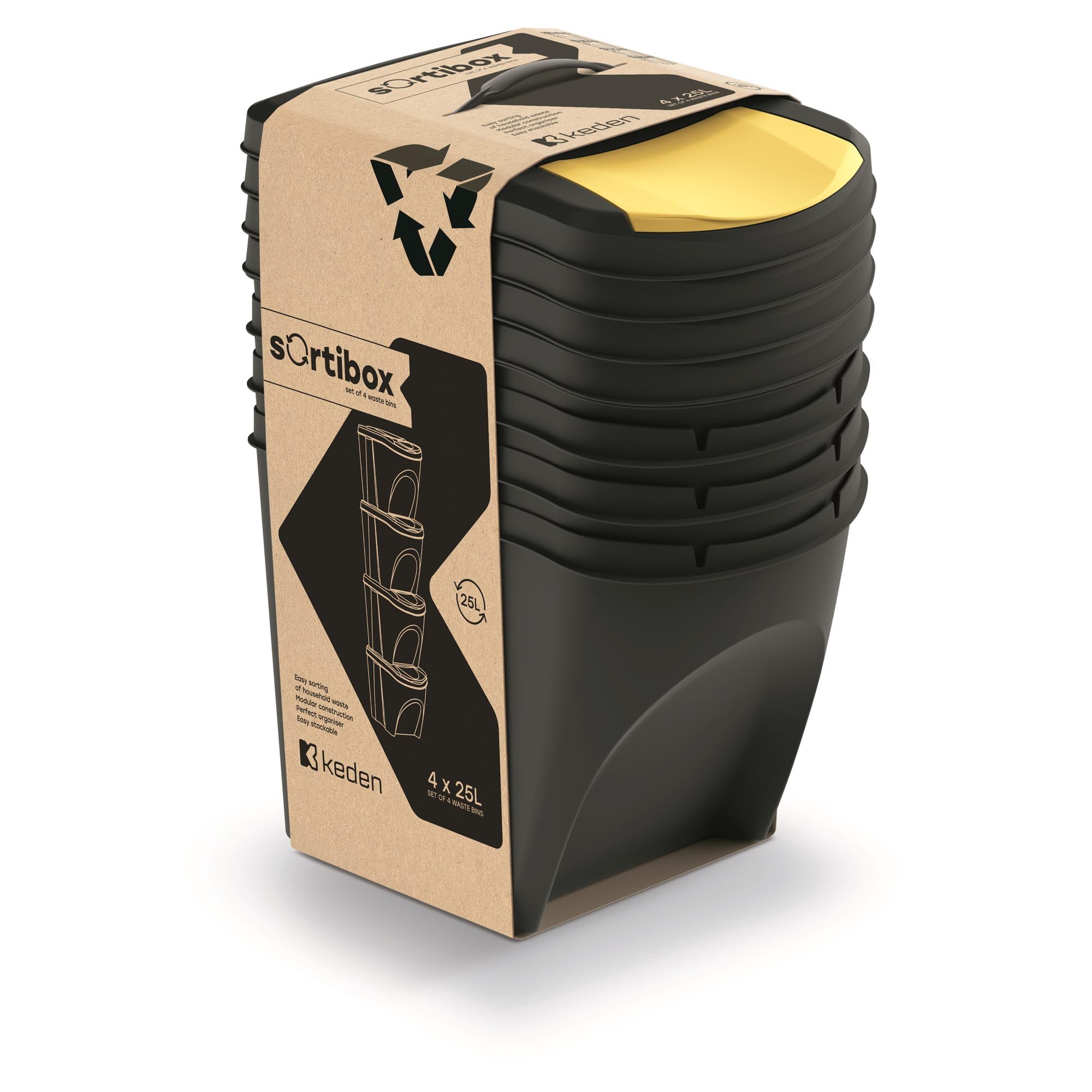 Set de 4 cubos de basura KEDEN SORTIBOX 100% plástico reciclado negro, volumen 4x25L