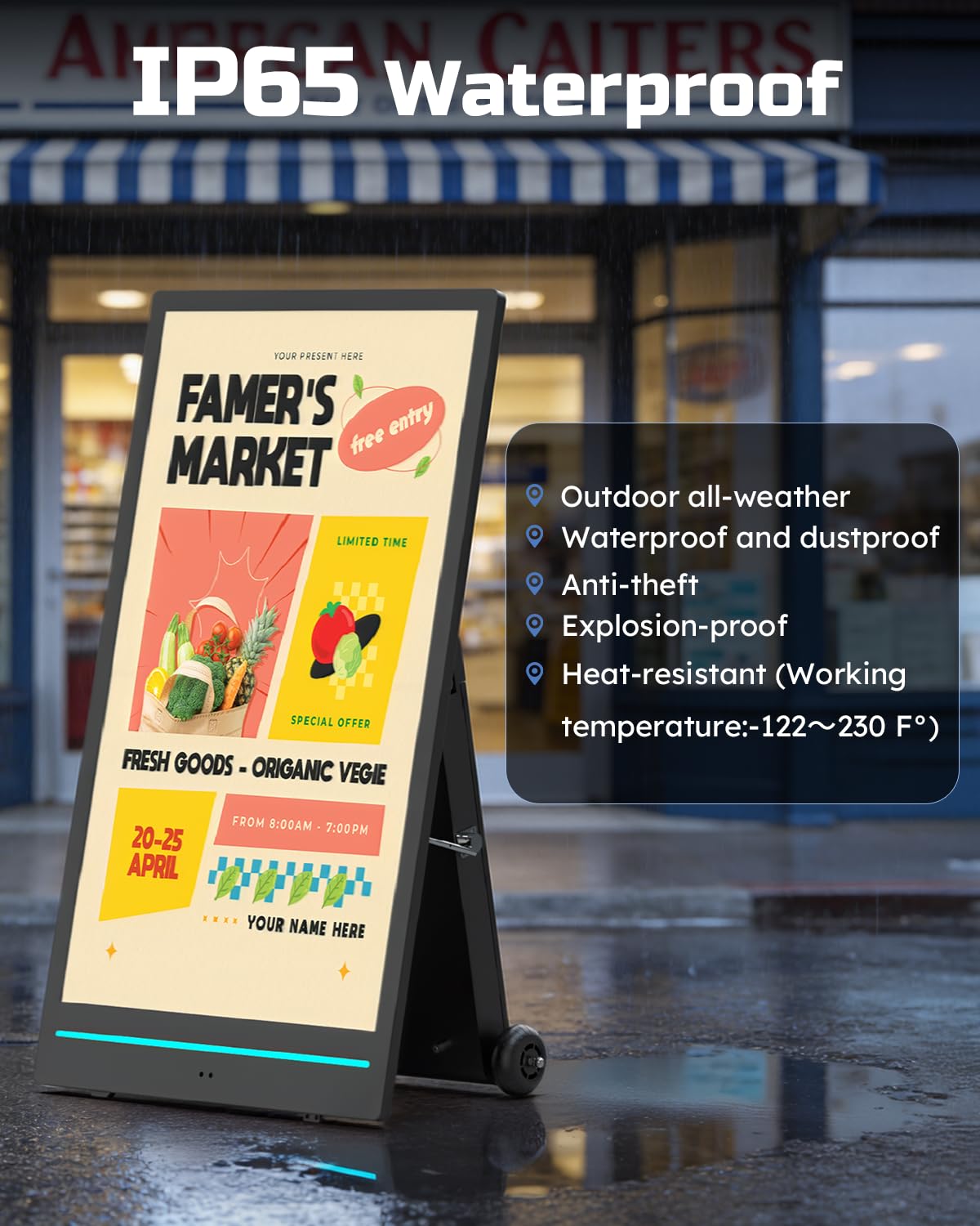 55'' Pantalla Publicidad Exterior Alta Luminosidad 2000Nits, Digital Signage Display Móvil con Baterías Recargables y Ruedas, IP65 Resistente, para Restaurante, Food Trucks, Puestos Callejeros