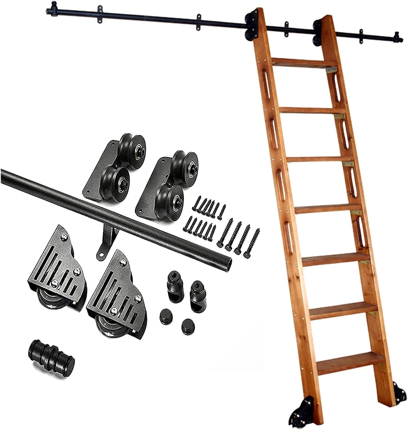 Rolling Ladder Library Full Set Hardware- 3.3ft-20ft Sliding Barn Door Kit (No Ladder)，Mobile Ladder Track Round Tube Design Extention Rail, with Floor Roller Wheel (Size : 16ft/500cm Track kit)