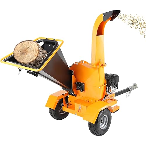 6" Gas Wood Chipper, 420cc 15HP Gas Powered Heavy Duty Chipper Shredder Mulcher with Towbar, Emergency Stop Lever, Ultra Large Infeed Hopper, Yellow