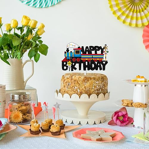 Miniatura 7 de Decoración negra para pastel de cumpleaños con purpurina para animar al transporte, tren de ferrocarril, cruce, suministros de decoración para baby