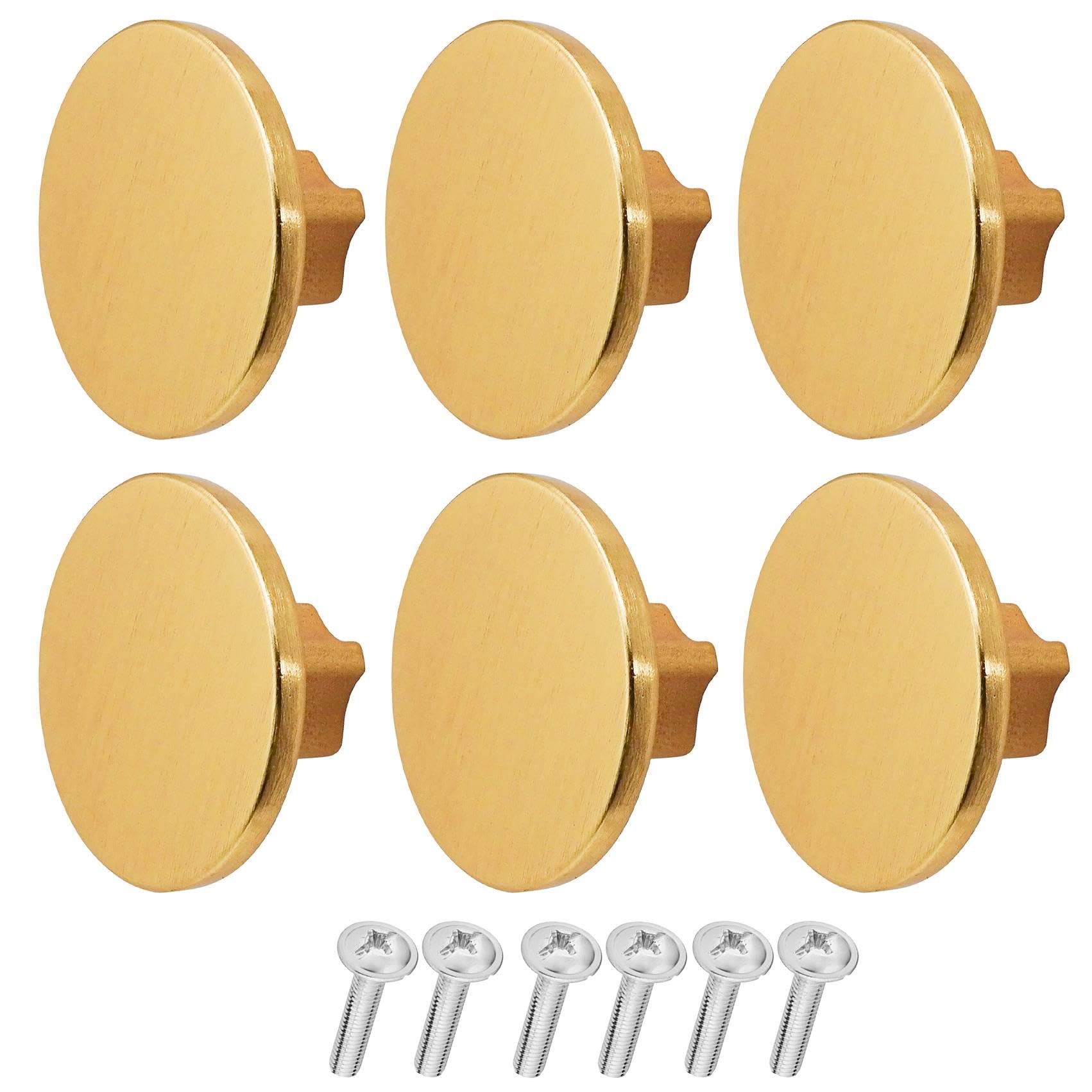 Decoranddecor Vesta - 40mm Round Kitchen Cabinet Furniture Knob Zinc Alloy (6 Pack, Brushed Gold)