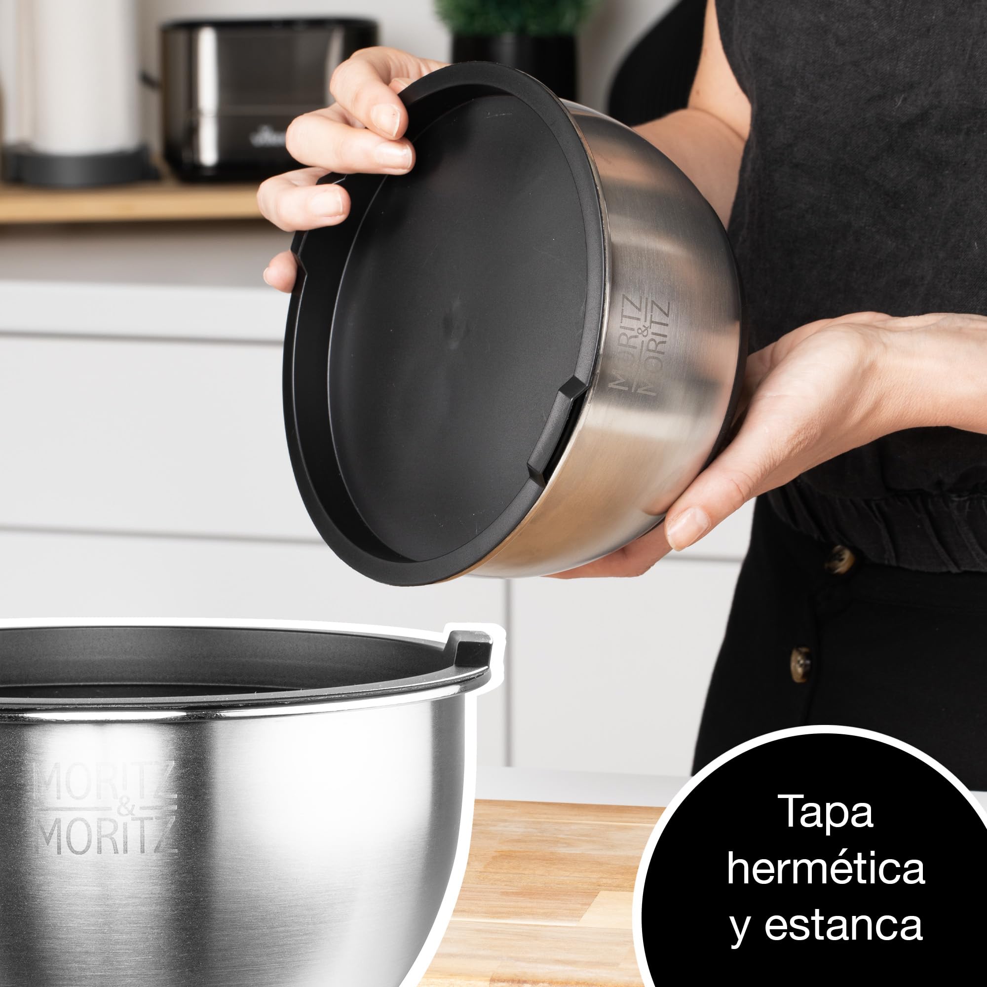 Moritz & Moritz Set de 5 Cuencos Acero Inoxidable con Tapas – Set Cuencos Apilables Antideslizantes para Mezclar, Servir y Hornear, Cuenco Ensalada, Cuencos de Cocina Resistentes para Uso Diario