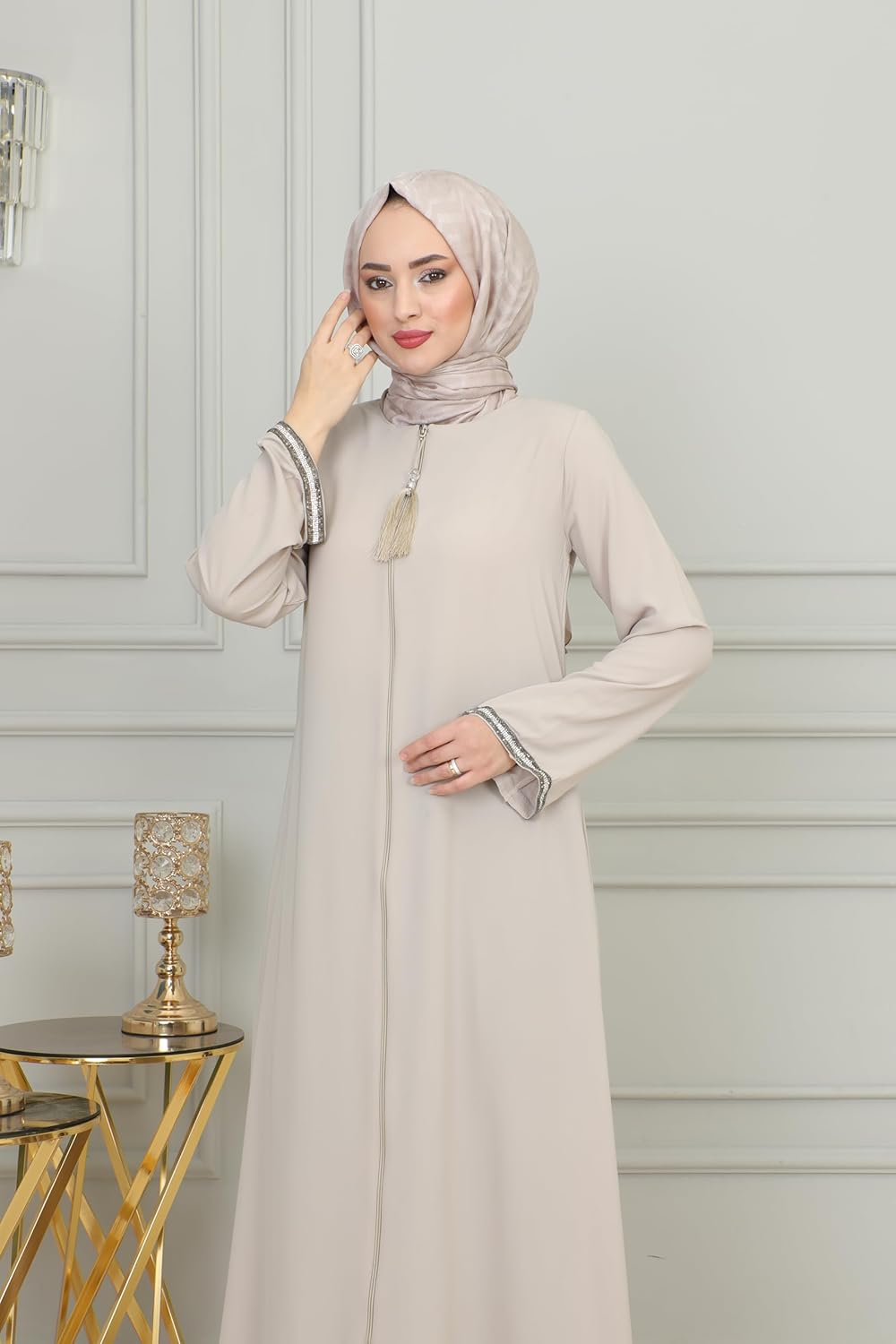 istanbul styles Women's Stone Sleeves Abaya Long Sleeve Floor Length Zipper Floor Length Turkey Islamic Fashion - Image 6