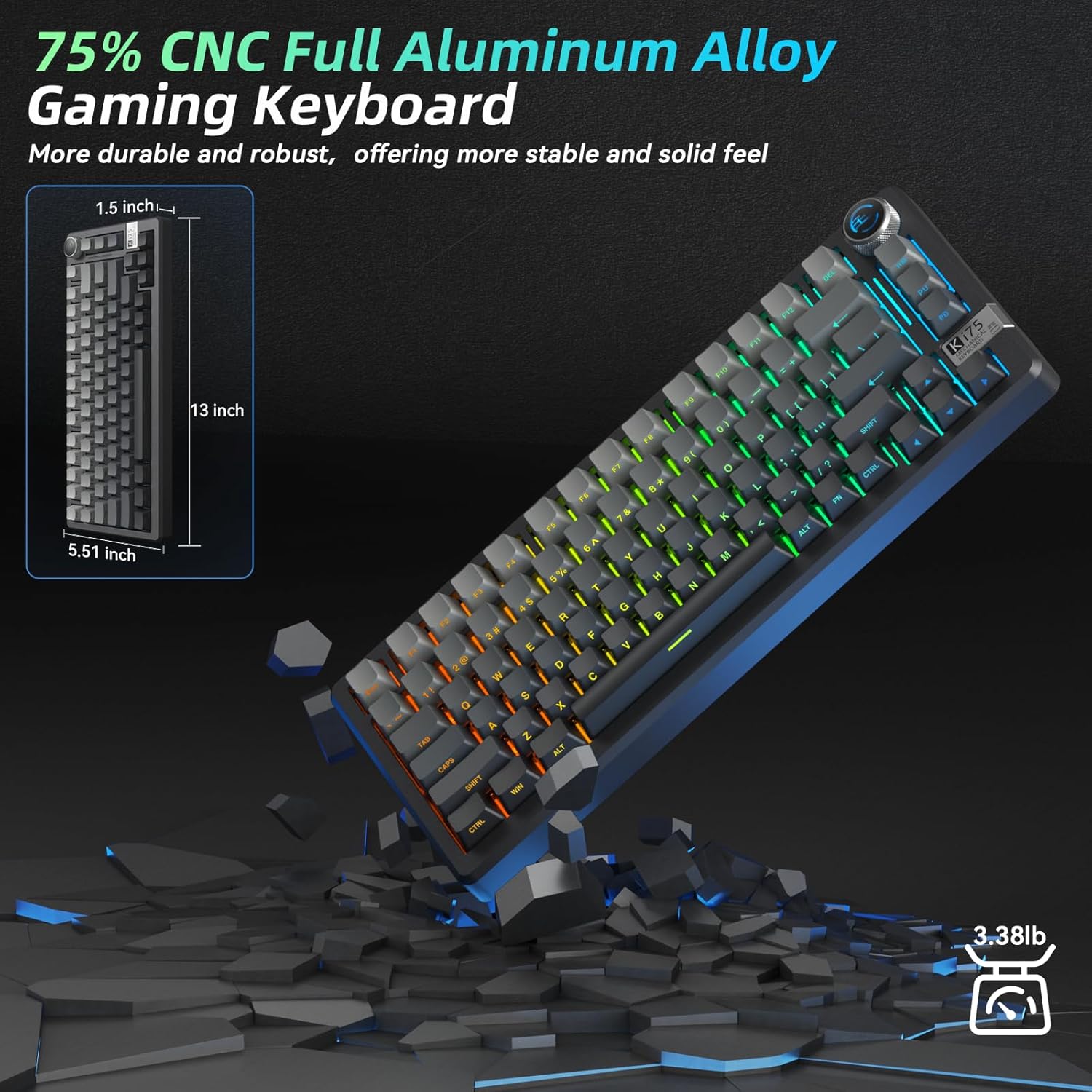 CORBOBO SOLAKAKA KI75 Wireless Mechanical Keyboard, Aluminum Gaming Keyboard 75%, Hot-swappable, Side-Printed PBT Keycaps, 2.4GHz/BT5.0/USB-C RGB Backlit Creamy Keyboards with Knob for PC/Laptop/Mac