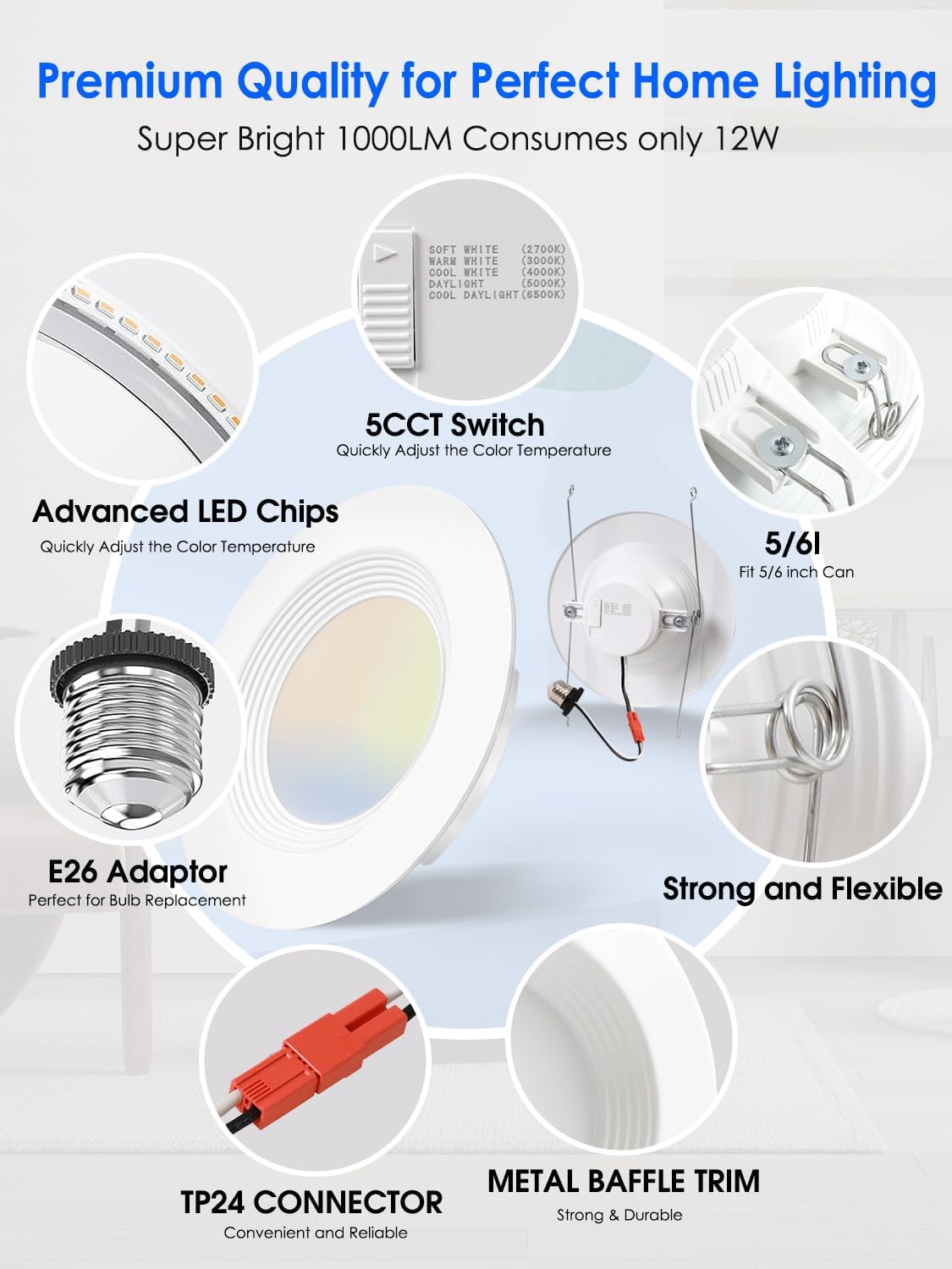 Energetic 12 Pack 5/6 Inch 5CCT LED Recessed Light Retrofit, 2700K/3000K/4000K/5000K/6500K Selectable, Dimmable Can Lights with Baffle Trim, 12W=150W, 1000LM, IC & Wet Rated, ETL & FCC Certified