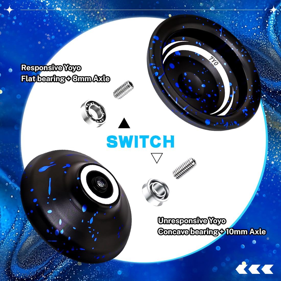 7YO Yoyo for Kids Beginner, X8 Responsive Professional Yoyo for Adults, Metal Alloy Yo Yo with 10 Strings, Case, Removal Bearing Tool, KK Bearing - Black Blue