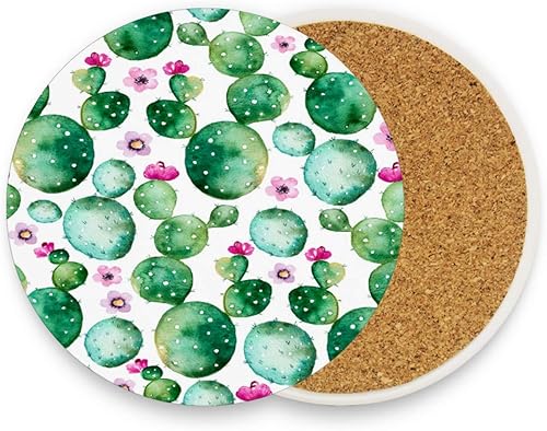 visesunny Posavasos con estampado de cactus y flores moradas, posavasos de piedra que absorben la humedad con base de corcho para protección de mesa