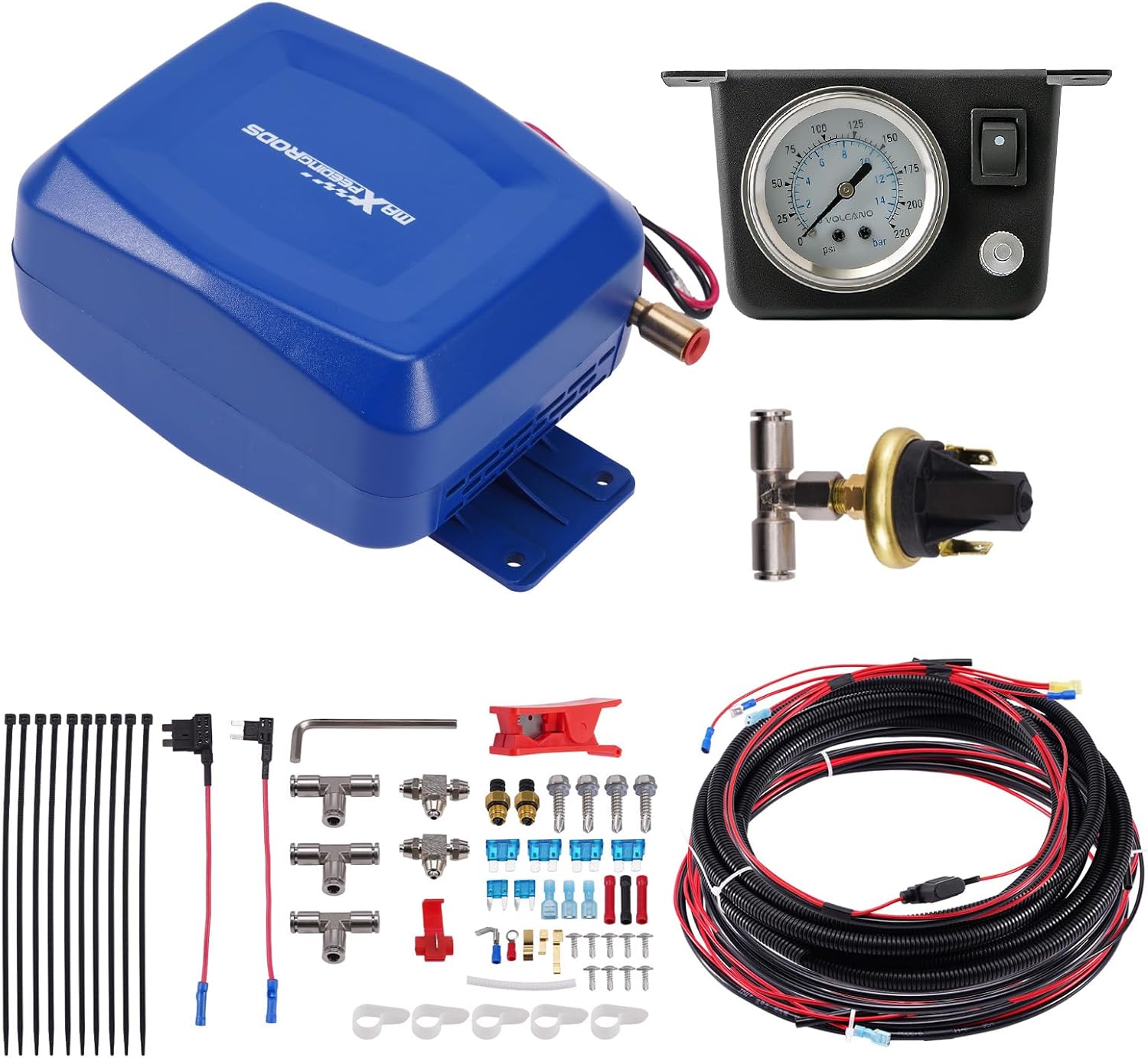 maXpeedingrods On Board Air Compressor System with Low Pressure Sensor Universal Air Bag Compressor Kit for Trucks Vans Blue