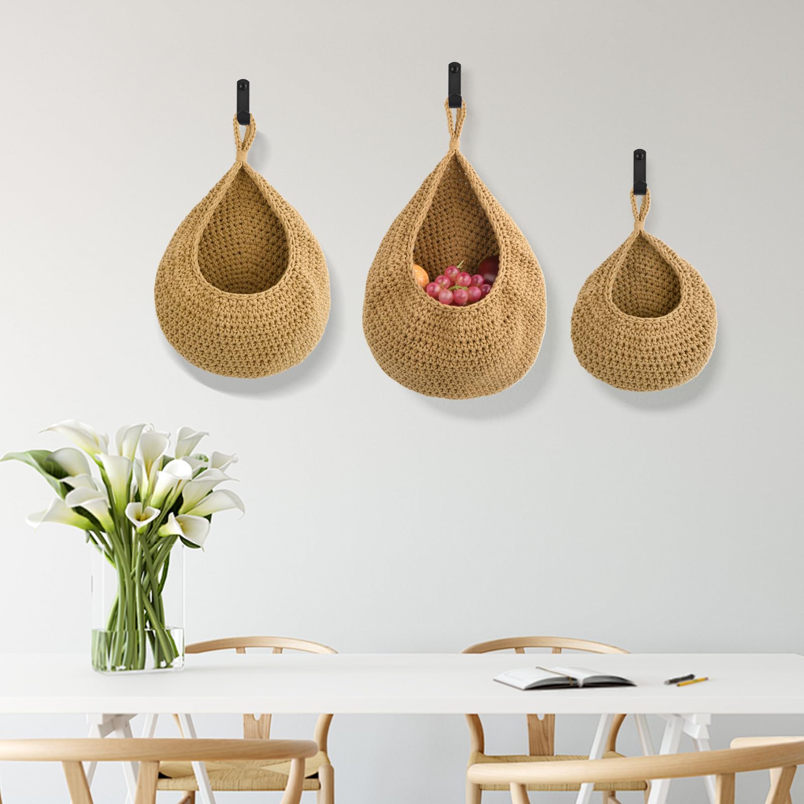 3 Stück Obstkorb Hängend, Hängekorb mit Haken und Klebehaken, Boho Wandkorb Korb Geflochten Obstkörbe, Hängekorb Küche für Aufbewahrung von Obst und Gemüse, Organisieren und Dekorieren (S+M+L)