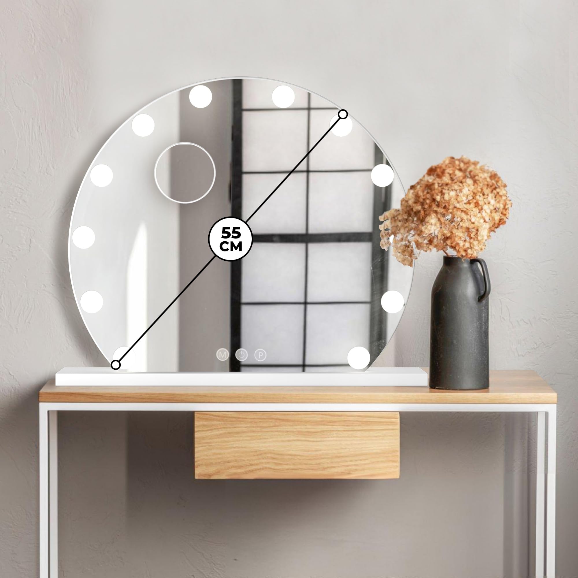 Bayt Hollywood Spiegel Rund (Ø 55 cm), Schminkspiegel mit Licht, LED Spiegel Schminktisch mit 10x Vergrößerung, Touch-Schalter & Dimmbar, Vanity Mirror, Weiß