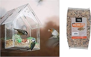 garden mile® Clear Hanging Perspex Squirrel proof Window Bird Feeder with 1kg Bag of Bird Feed Seed Hanging Bird Nut Seeds Bird Feeder Outdoor Garden Patio Wild Birds Wildlife Food