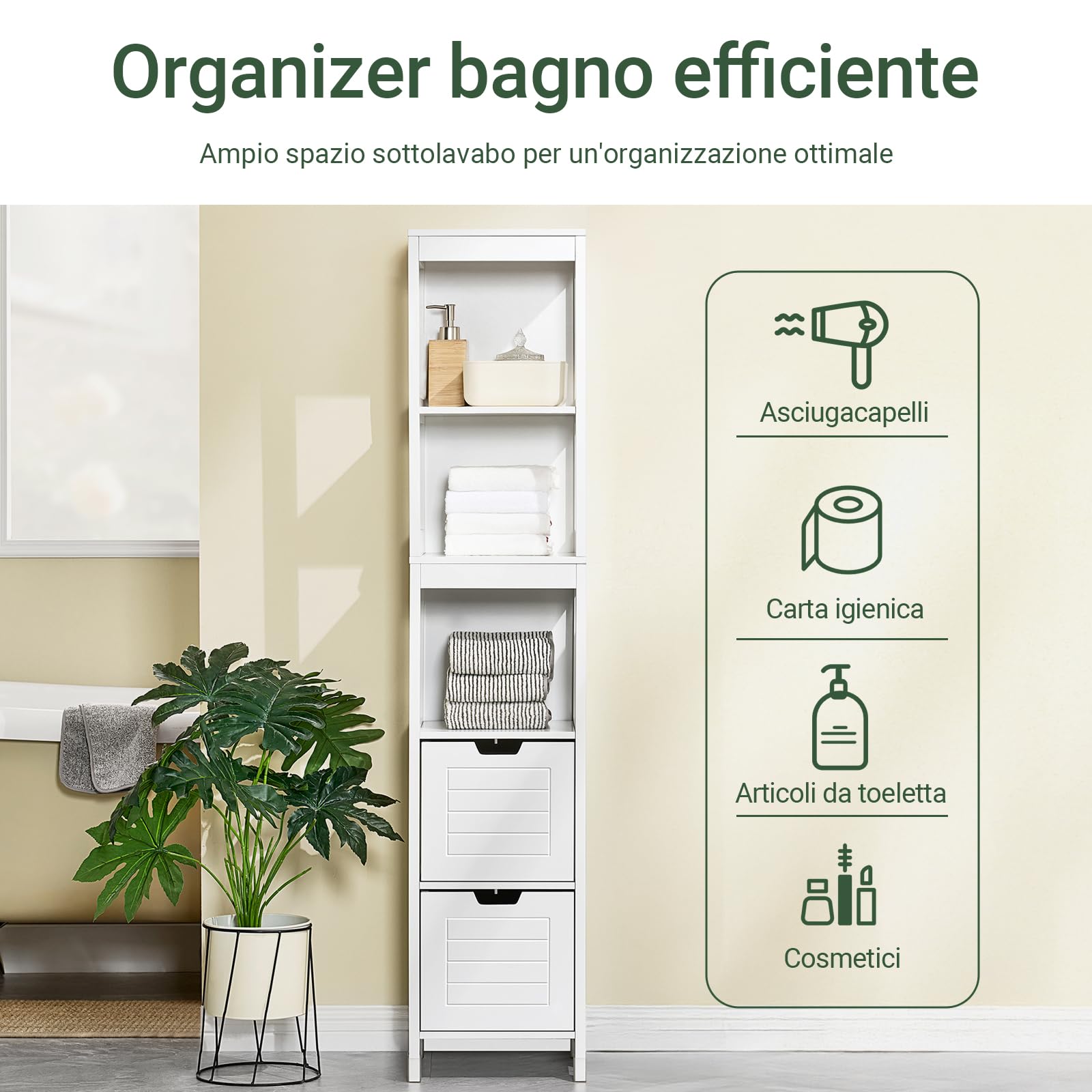 SoBuy Mobile Bagno Colonna Slim Salvaspazio Ripiani Regolabili 30x30x144cm | Armadietto Verticale Moderno Anti-Umidità per Bagno, Lavanderia e Cucina, Bianco, FRG126-W