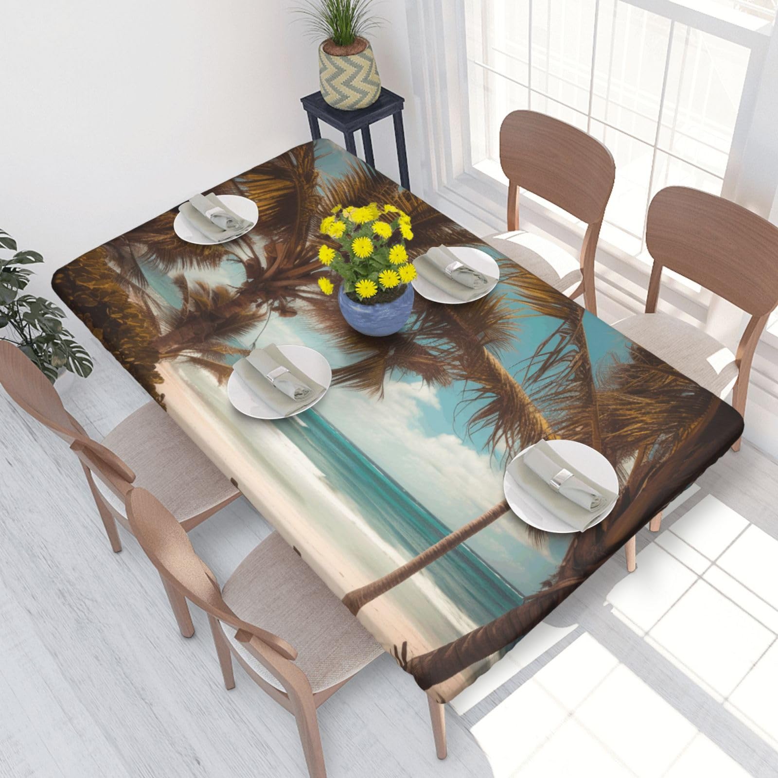 DCARSETCV Beach Palm Trees Printed 4FT Waterproof Tablecloth with Elastic Edged Protect & Decor Your Table, Oil-proof Washable Table Cloth Cover for Dinner Picnic Party