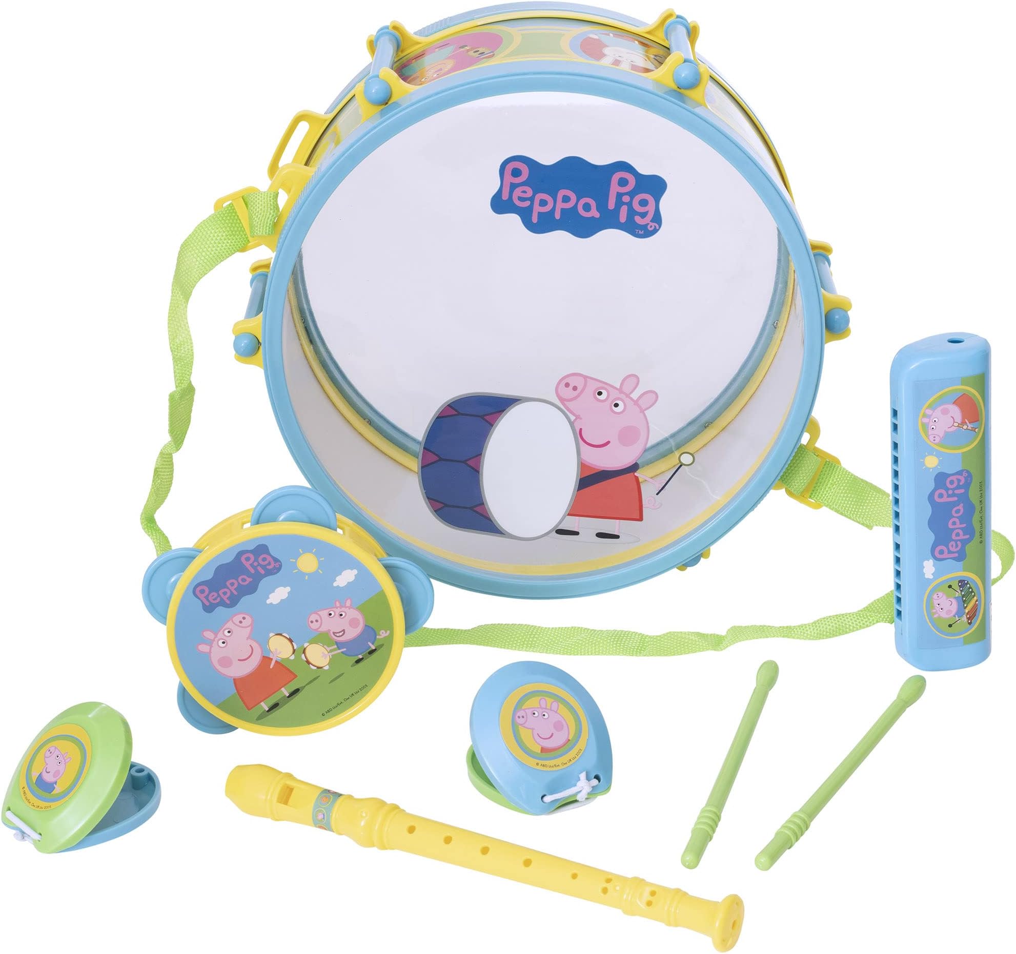 Peppa Pig Pack Away Drum Set | 5+ Piece Kids Musical Instrument Playset | Children's Music Toy Band Set with Drum, Tambourine, Recorder, Harmonica & Castanets | Preschool Music Toy | Ages 3+