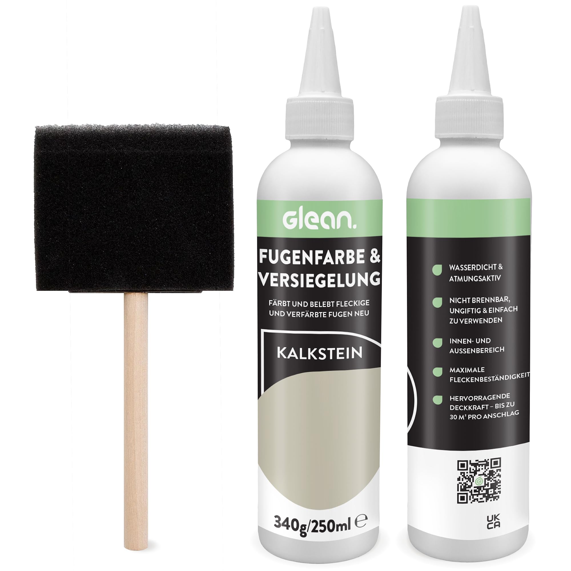 GLEAN Fugenfarbe & Versiegelung Kalkstein | 340g | Erneuert & schützt Fliesenfugen | Mit Schaumstoffpinsel | Atmungsaktiv & fleckenresistent | Für Bad, Dusche & Küche