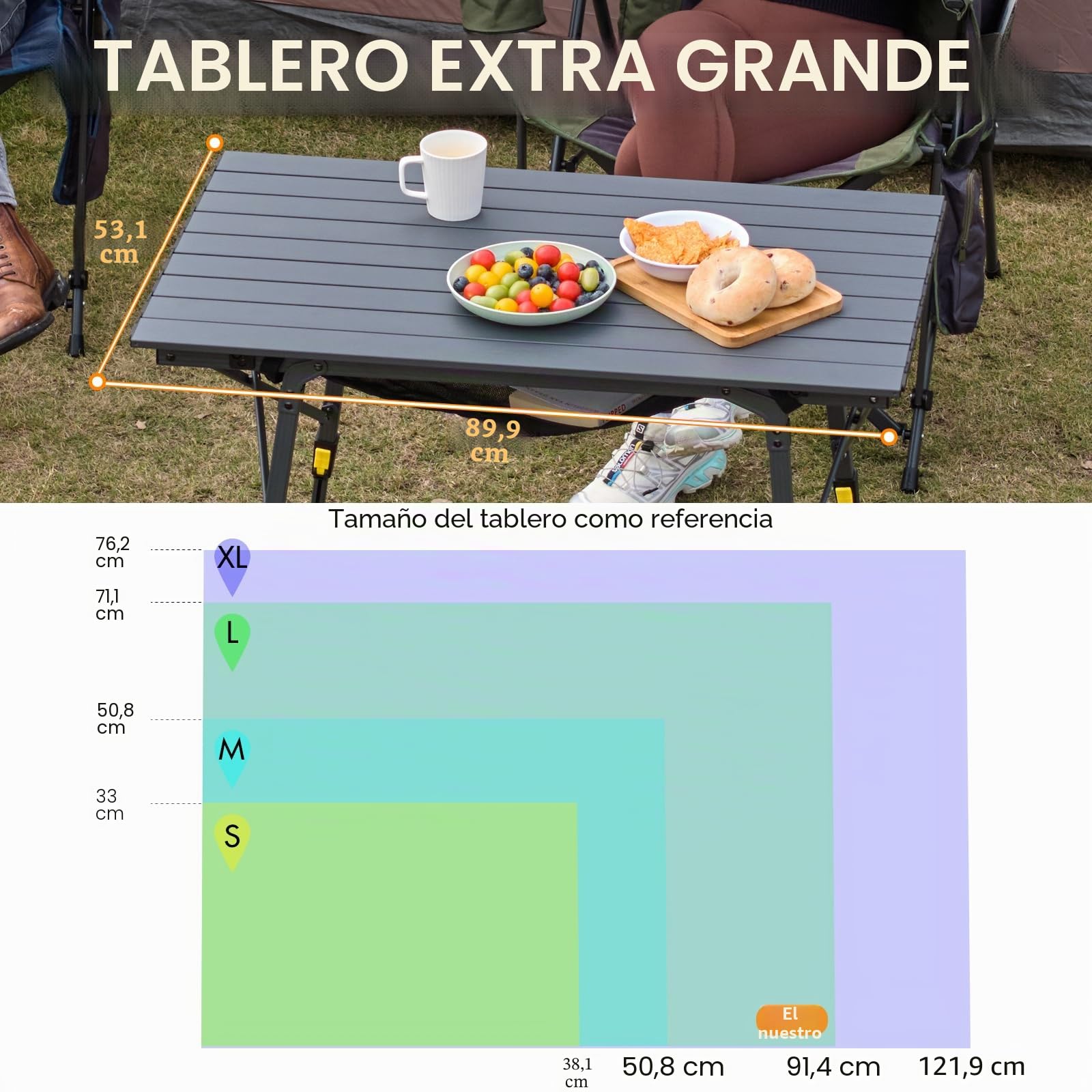 Portal Mesa de camping plegable, altura regulable, aluminio, 90 x 53 cm, para 4 personas, ligera, plegable, color gris