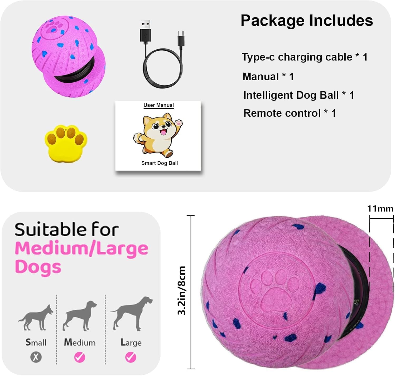 Interactive Dog Toy Ball with Remote: Automatic Bouncing, Vibration and Jumping Action Interactive Toy, Durable Duraspin for Aggressive Chewers, Rechargeable, for Indoor & Outdoor Use Pink