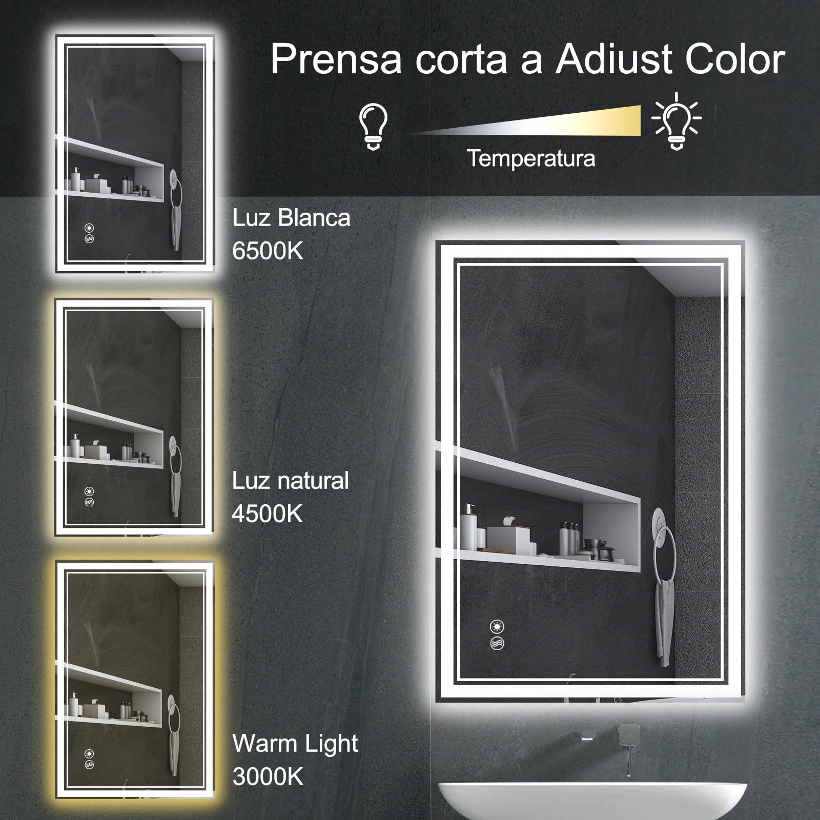 Espejo LED para baño de 61x91cm, Frontal y retroiluminado, antivaho, Regulable, 3 Colores, Espejo de baño LED con función de Memoria, Espejo Inteligente montado en la Pared