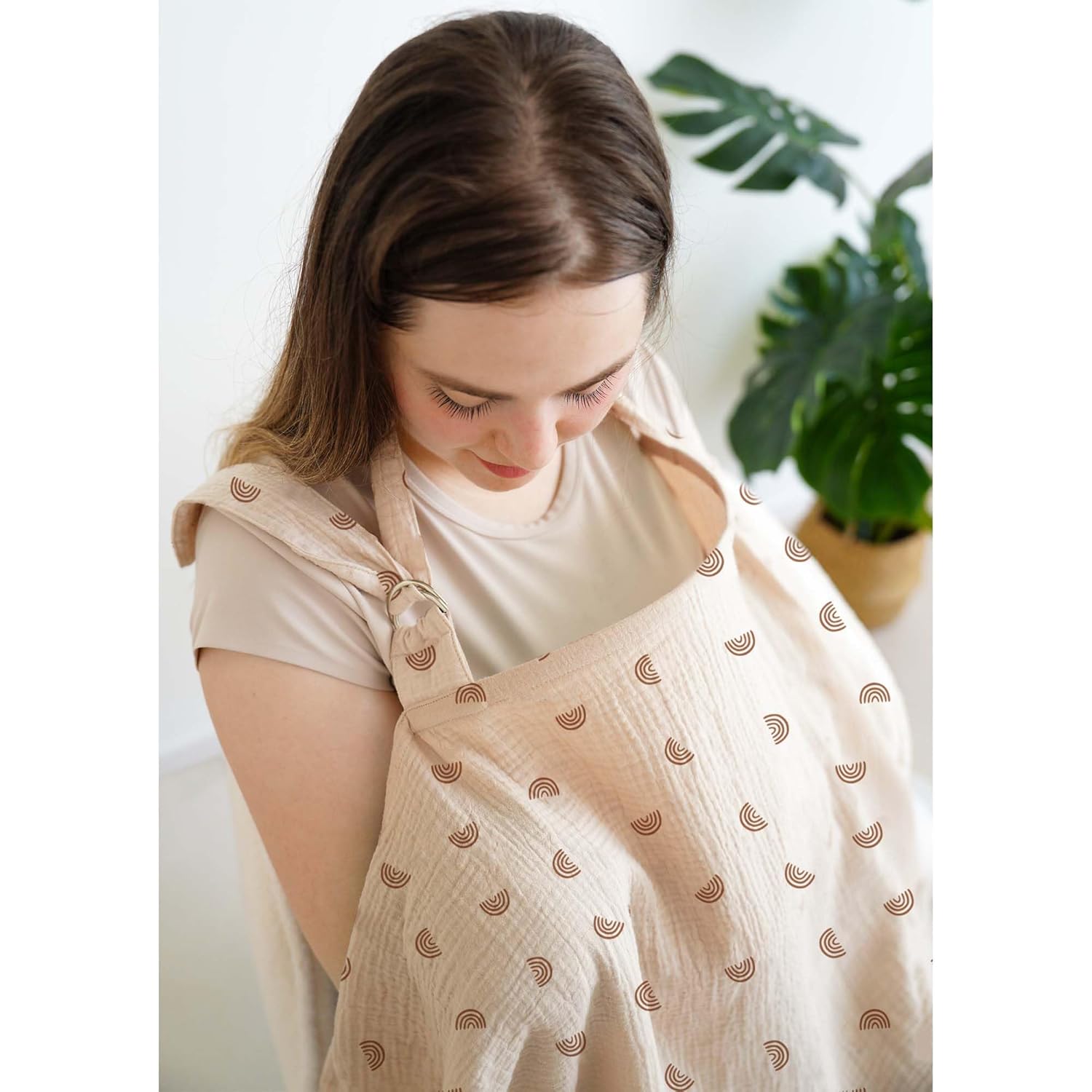 Muslin Nursing Covers for Breastfeeding, Privacy Breast Feeding Cover with Arch Neckline for Mom and Baby, Breathable 100% Cotton Nursing Apron Multi-use Stroller Cover