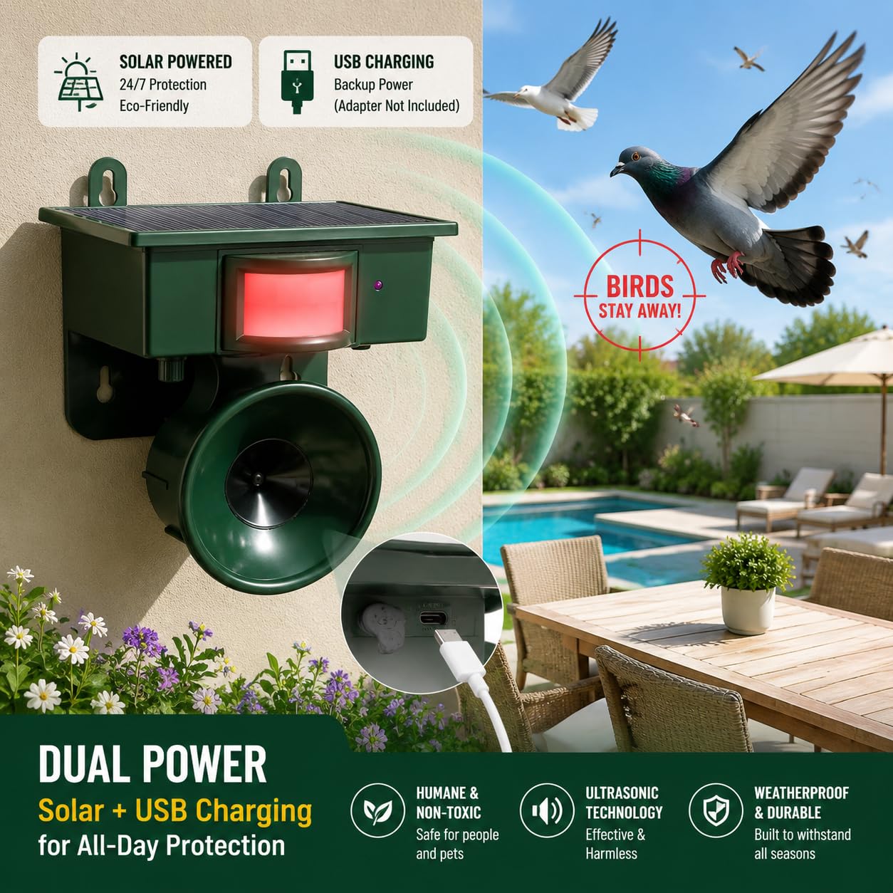 Dispositivos repelentes de pájaros ultrasónicos solares para exteriores, el mejor disuasorio de pájaros para piscina, repelente de palomas para balcón, mantiene cuervos, gorriones y estorninos fuera